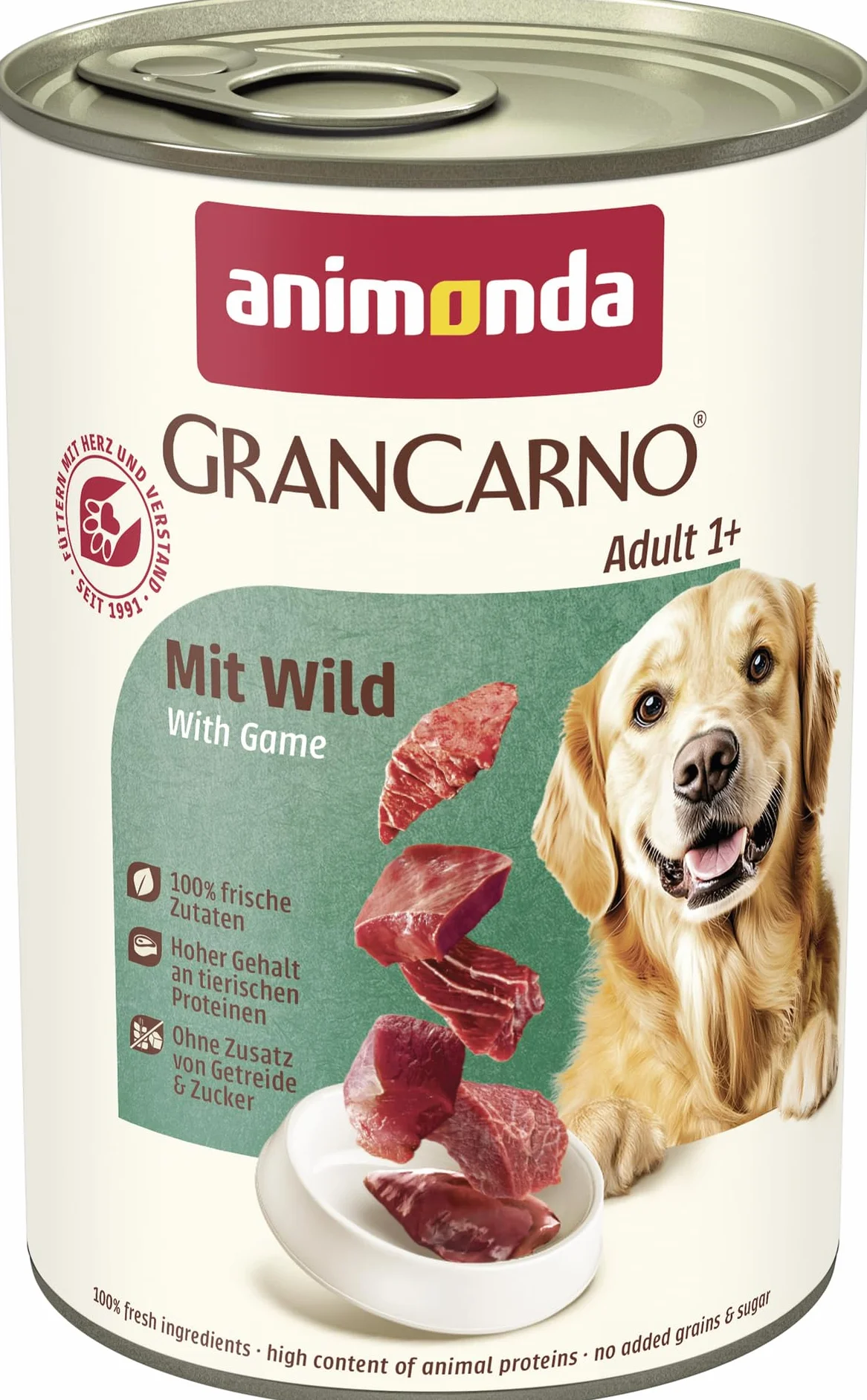 animonda Grancarno mokra karma dla psów z dziczyzną (6 x 400 g), bezzbożowa karma dla psów bez cukru, dla dorosłych psów, ze świeżymi mięsistymi składnikami