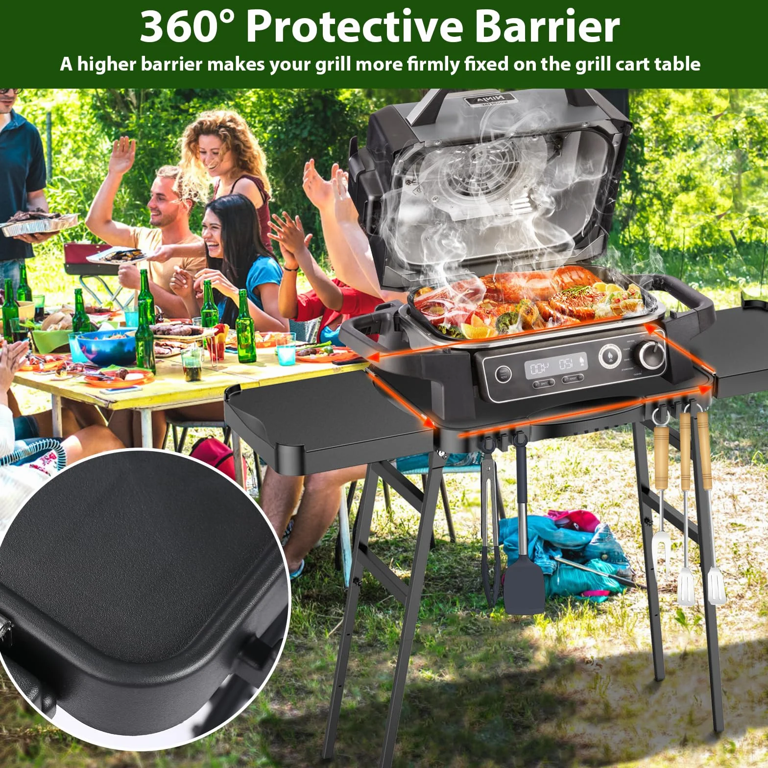 GFTIME Uniwersalny przenośny grill na kółkach Enders Urban, Weber Q100/Q200/Q300, Ninja Woodfire, Burnhard Wayne – składany stojak do grilla na świeżym powietrzu z dużą powierzchnią roboczą i nóżkami