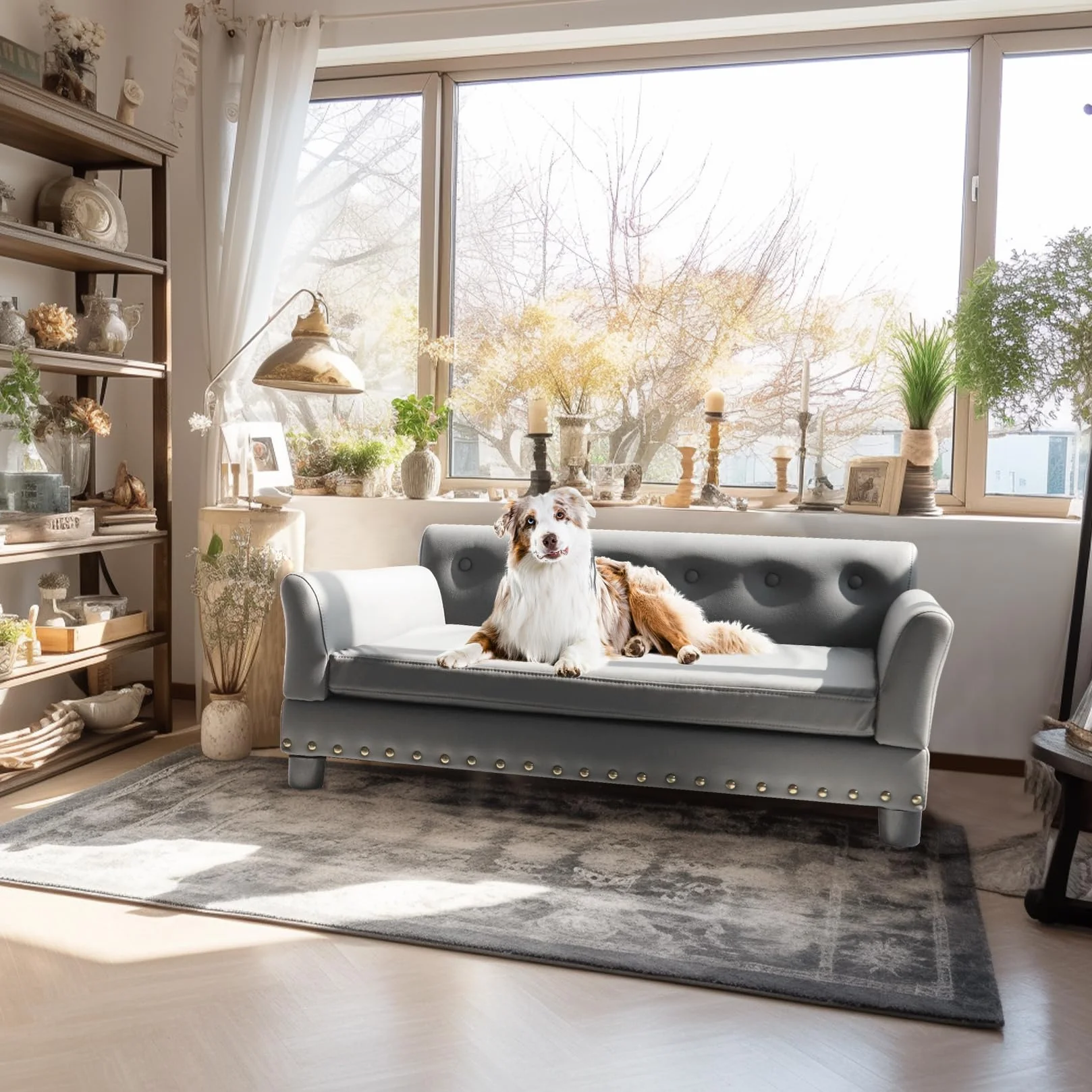 BingoPaw Luksusowa sofa dla dużych psów: XXL kanapa dla psów z oddychającej, wodoodpornej skóry, Mordern sofa dla zwierząt domowych z oparciem, ortopedyczna poduszka dla psa i drewniane nogi, szara