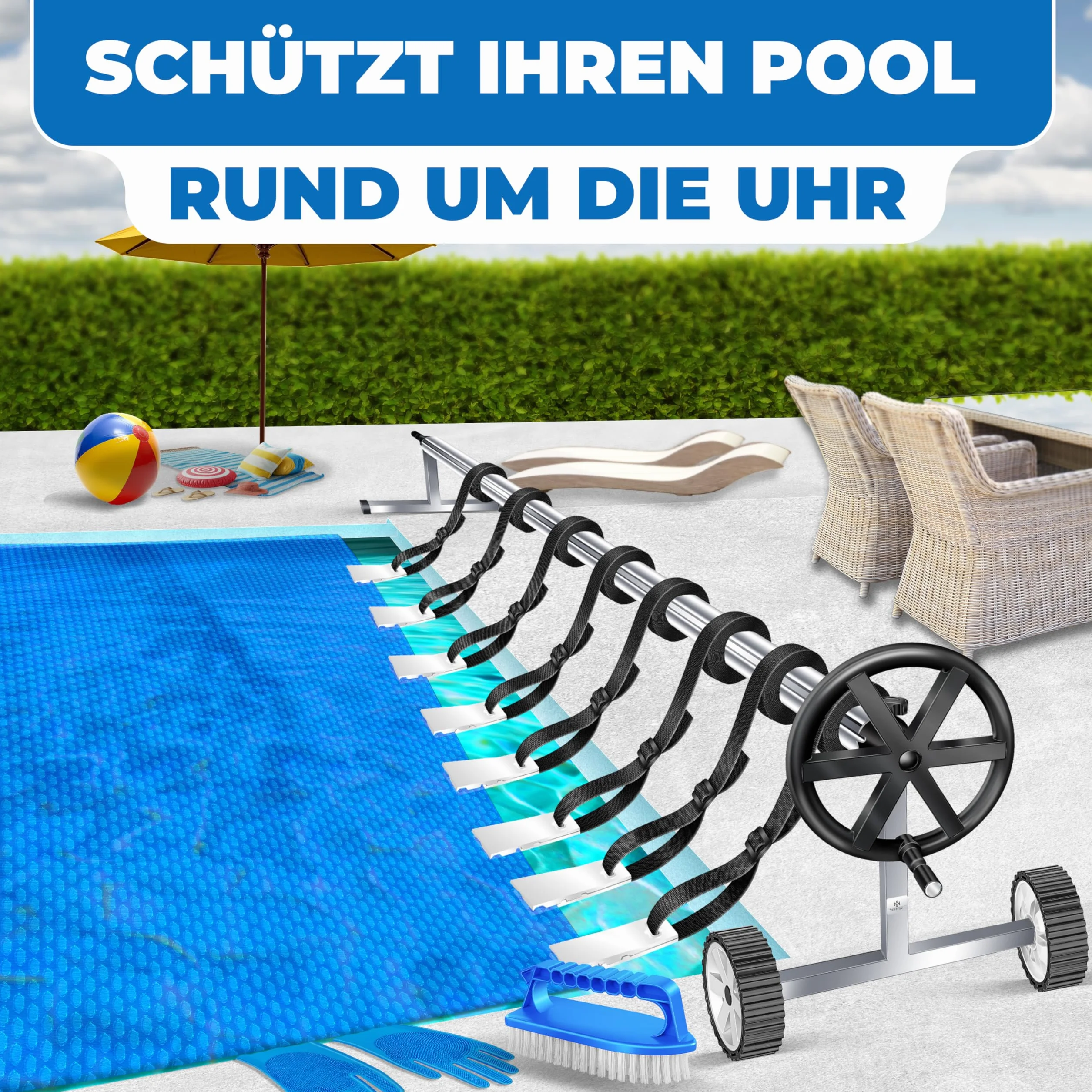 KESSER® Pool Premium system zwijania 3 m – 5,70 m | z kółkami | do plandeki solarnej | mobilne urządzenie do zwijania plandeki basenowej i pokrywy | w zestawie taśmy, rękawice i szczotka | materiał