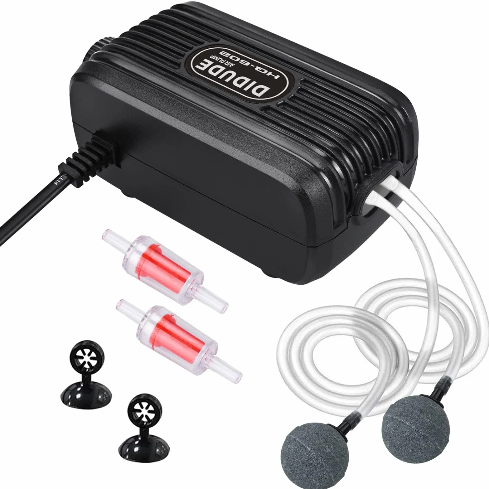 Pompa powietrza do akwarium cicha regulowana 20-40dB podwójne wyjście 2 zawory zwrotne 3,8-300 l