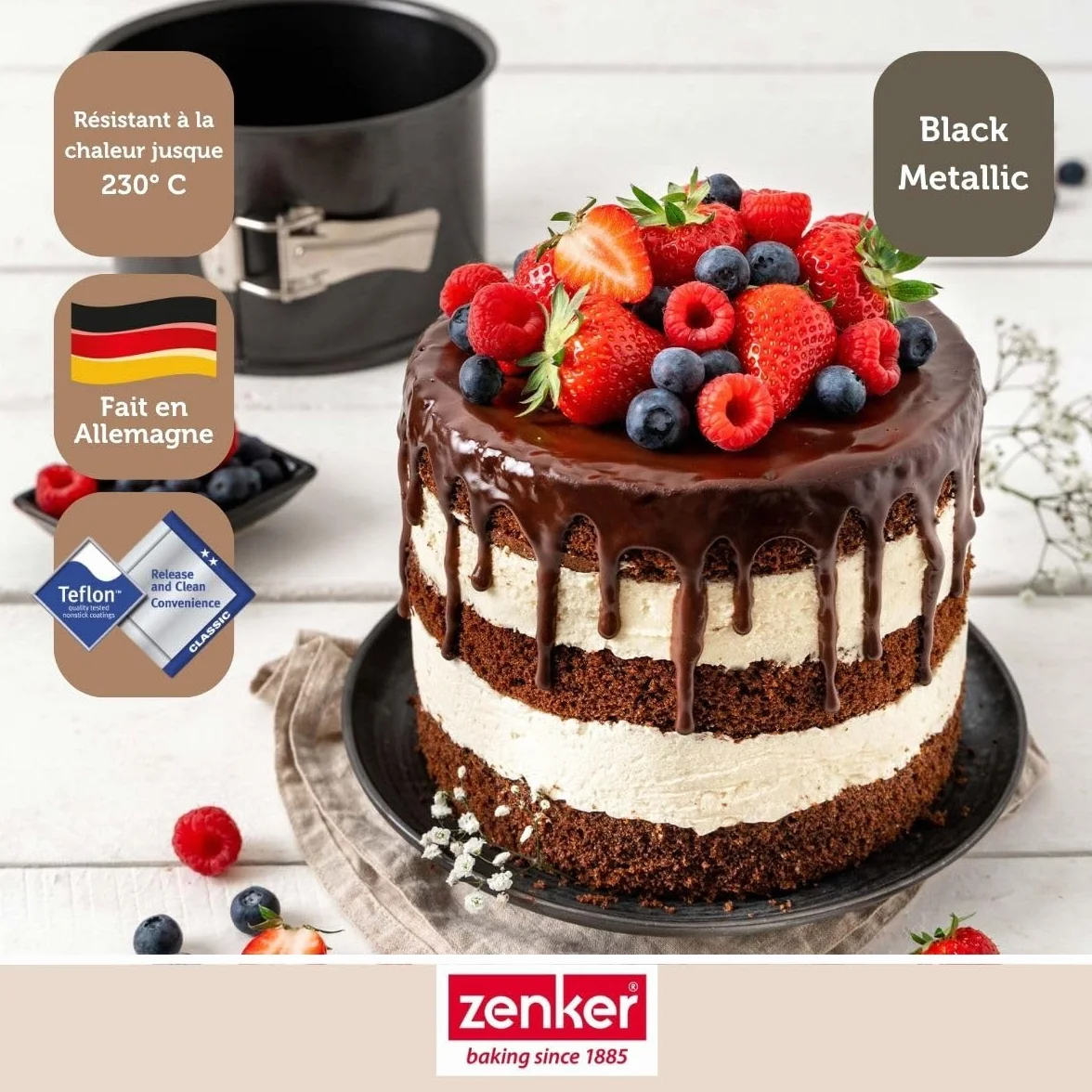 Zenker Tortownica bardzo wysoka, średnica 18 cm, czarna metaliczna blacha stalowa z powłoką zapobiegającą przywieraniu, idealna do wysokich tortów i włoskich panettone, wyprodukowana w Niemczech