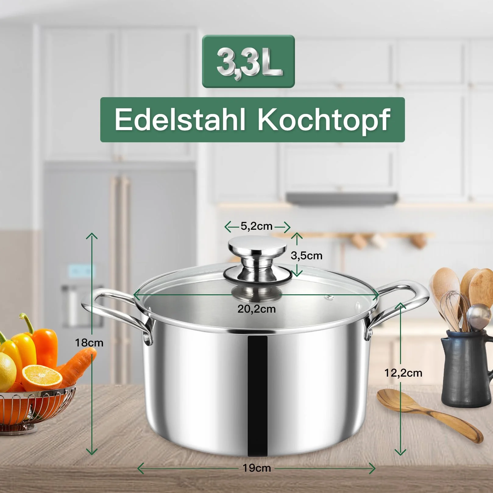 Garnek, Onader 3-warstwowy ze stali nierdzewnej, indukcyjny, 3,3L, garnek do makaronu, garnek na zupę ze szklaną pokrywką dla wszystkich rodzajów kuchenek, zdrowy i odporny na mycie w zmywarce - 20cm