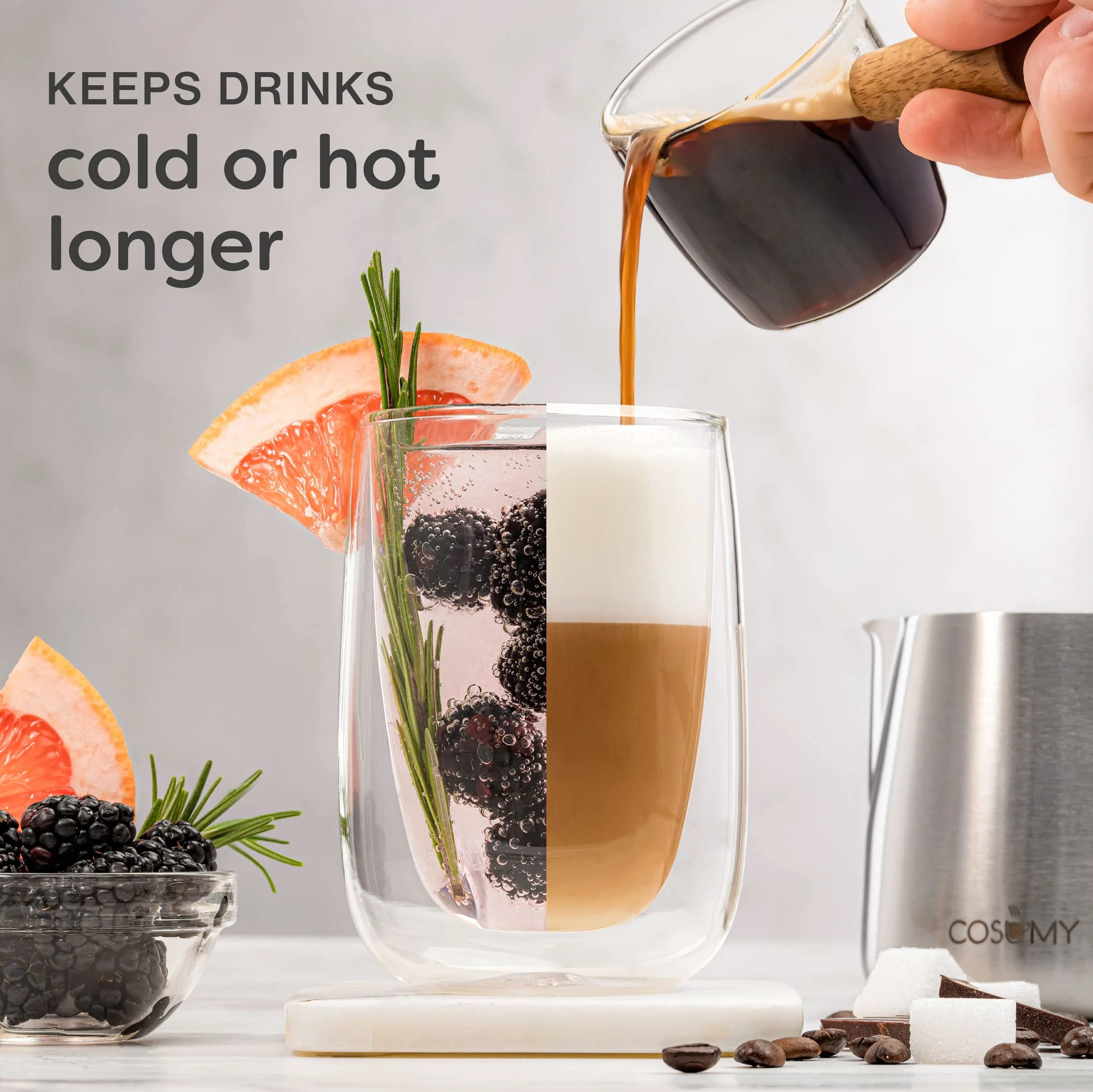 Cosumy 4 Szklanki termiczne do cappuccino o podwójnych ściankach 250 ml - dłużej utrzymują temperaturę - chronią dłonie - z pudełkiem prezentowym