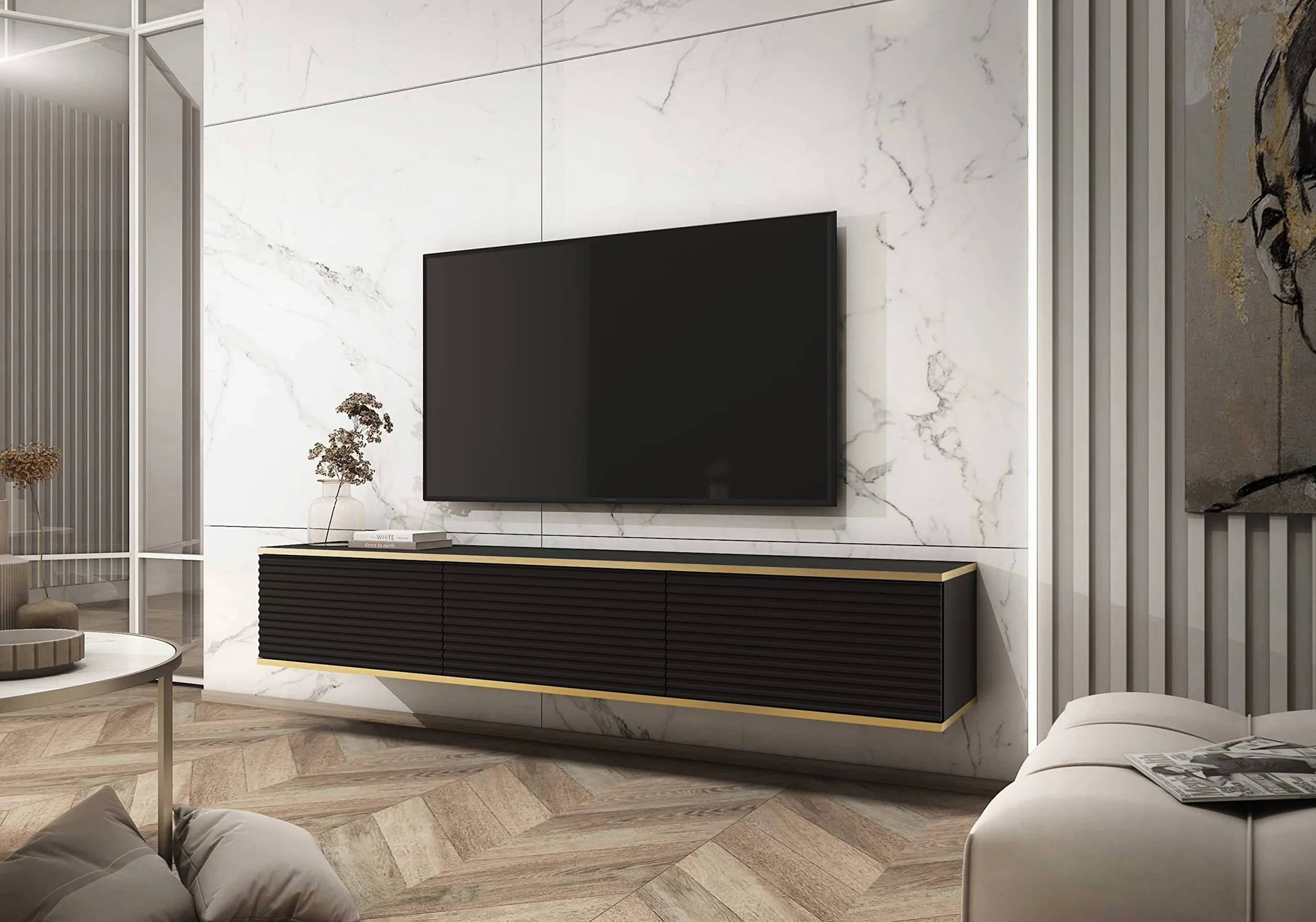Elegancki telewizor - Nowoczesny design z funkcją Push-to-Open. D: L: 175 cm, wys. : 30 cm, P: 32 cm. Przechowywanie TV, szafka na telewizor, wisząca szafka TV, Stół TV, szafka TV