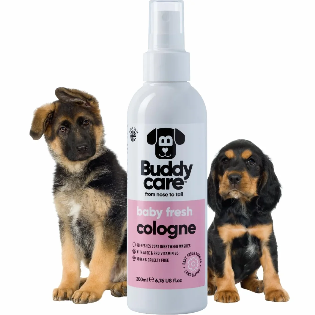 Buddycare perfumy dla psów – pachnące świeżo dla niemowląt – delikatne i pudrowe pachnące psy kolońskie – odświeżone pomiędzy myciami psa (200 ml, 1 sztuka)