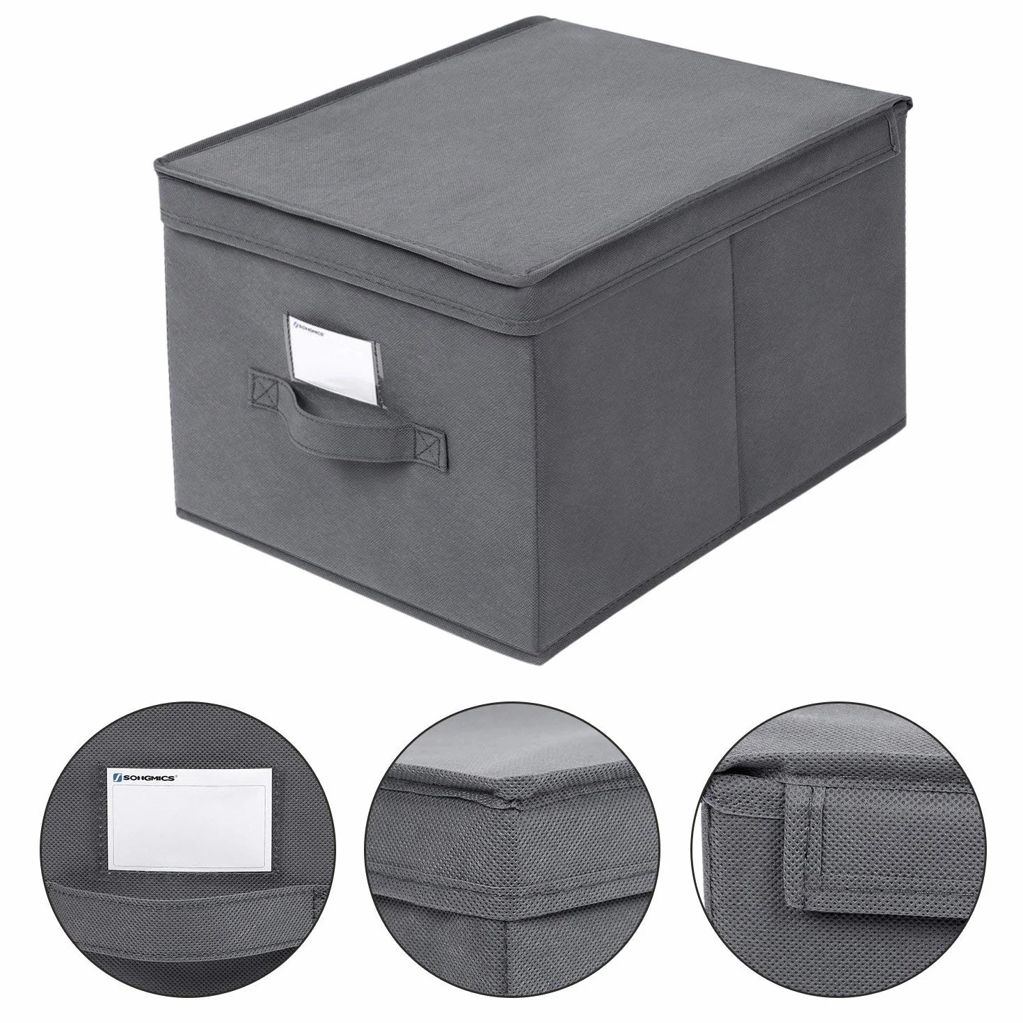 SONGMICS Pudełka składane, zestaw 3, pudełka do przechowywania z pokrywkami, pudełka materiałowe z uchwytami na etykiety, kosze do przechowywania, organizery na zabawki, 40 x 30 x 25 cm, szary RFB03G