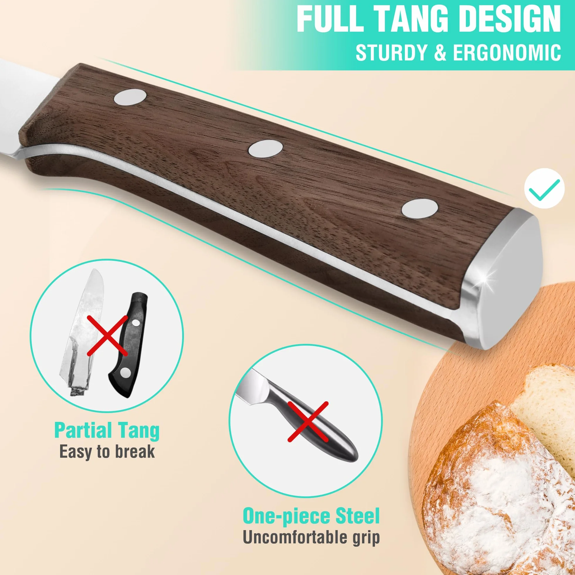 HAUSHOF Nóż do chleba, 20 cm, ząbkowany nóż kuchenny ze stali nierdzewnej o wysokiej zawartości węgla, ergonomicznie zaprojektowany drewniany uchwyt, idealny do krojenia chleba, bajgli, ciast