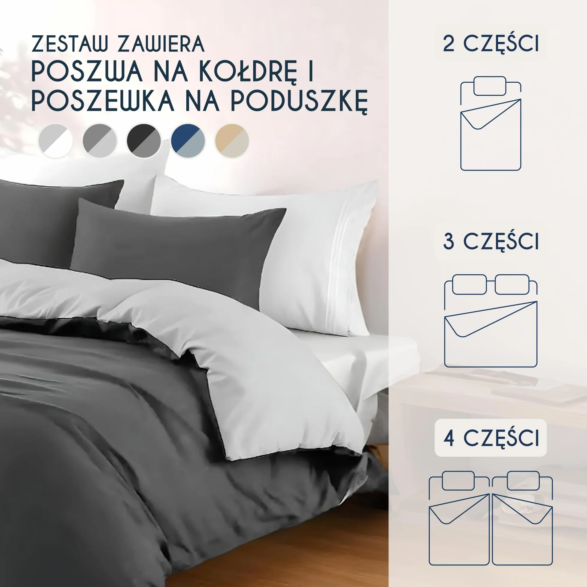Dreamzie - Poszwa na kołdrę 240x220 cm z 2 poszewkami na poduszki 80x80 cm - Ciemnoszary/Jasnoszary - Zestaw pościeli 240x220 ze 100% mikrofibry - 3 sztuki - Oeko TEX