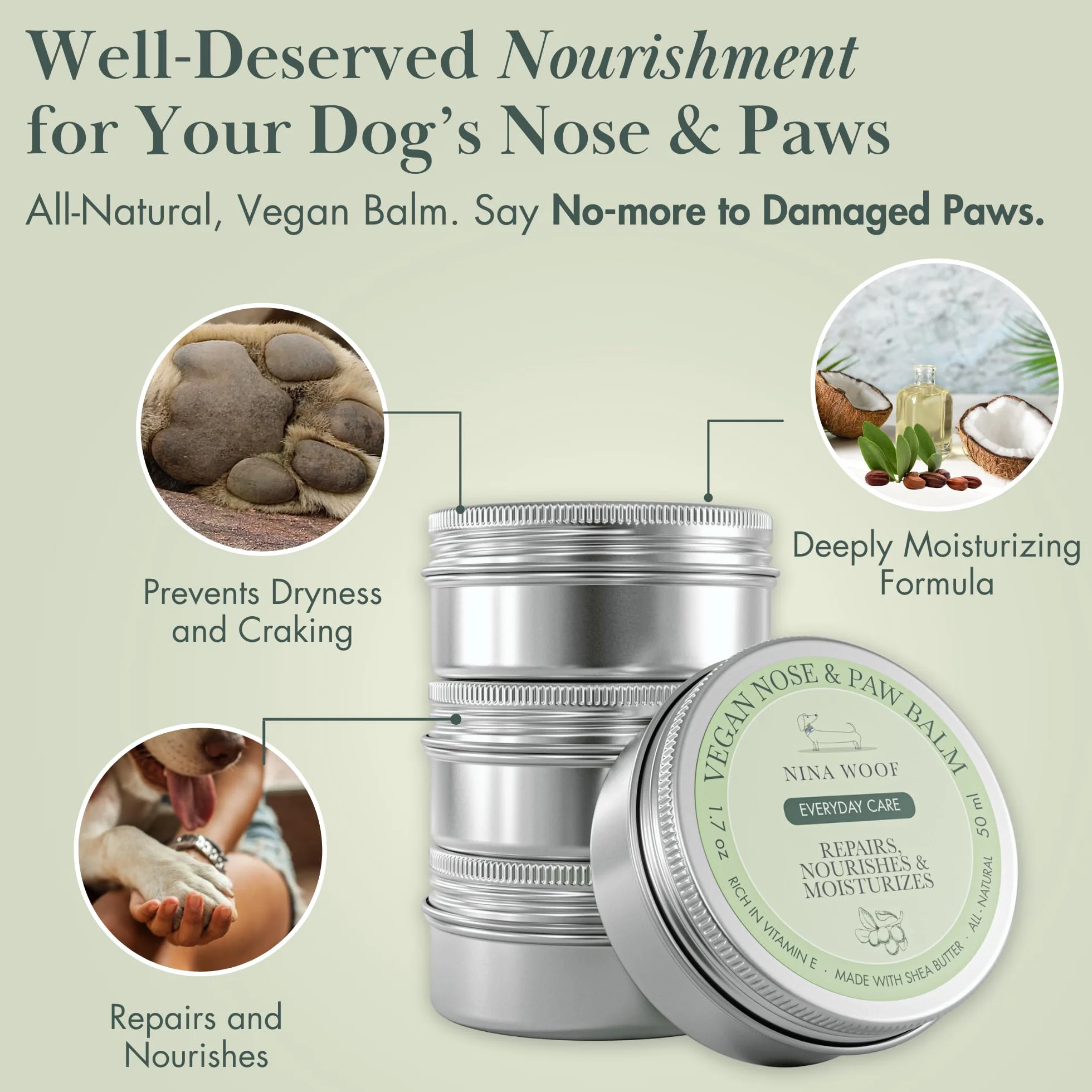 Nina Woof Wegański Krem dla Psów - Wosk i Balsam do Łap, Naturalny Nawilżający z Masłem Shea, Ochraniacz na Nos 50 ml