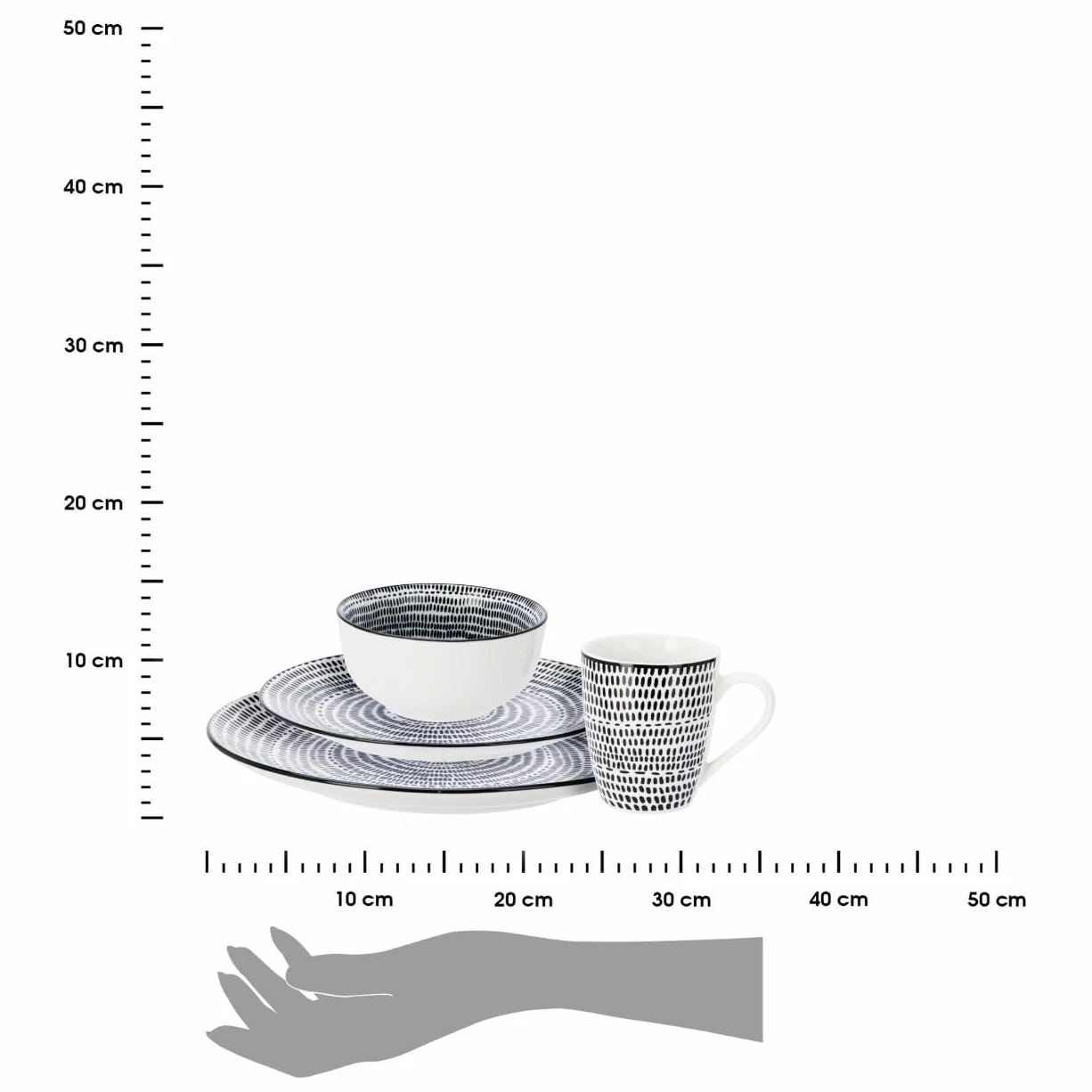 16-częściowy zestaw naczyń, porcelana, czarno-białe, talerze, miseczki, miski, wzór w paski, serwis dla 4 osób, nowoczesny