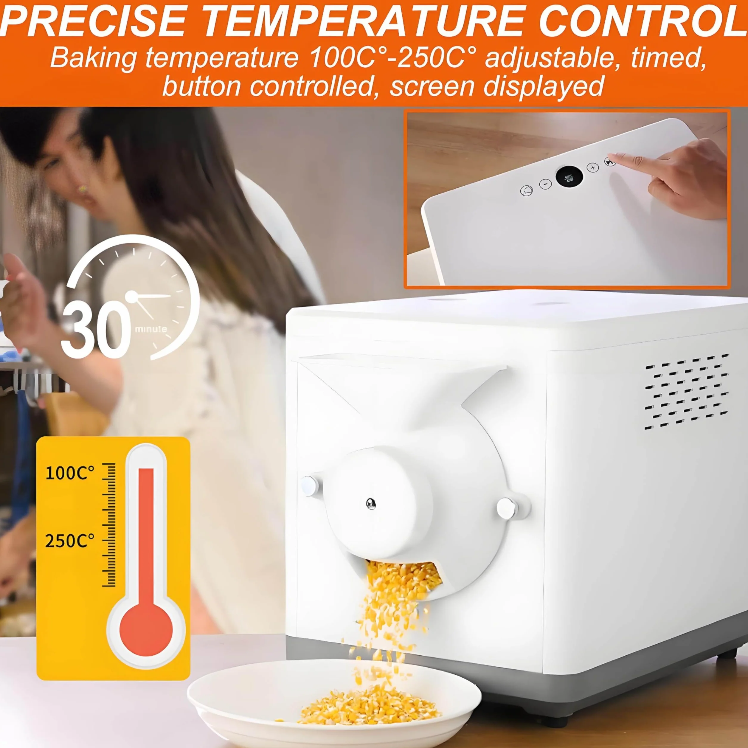 Palarnia Kawy O Mocy 1600W, Komercyjna Palarnia Ziaren Kawy, Regulacja Temperatury 100–250℃, Nieprzywierająca Elektryczna Nakrętka Orzeszki Ziemne Kasztany Nerkowca Prażenie Ziaren Kawy