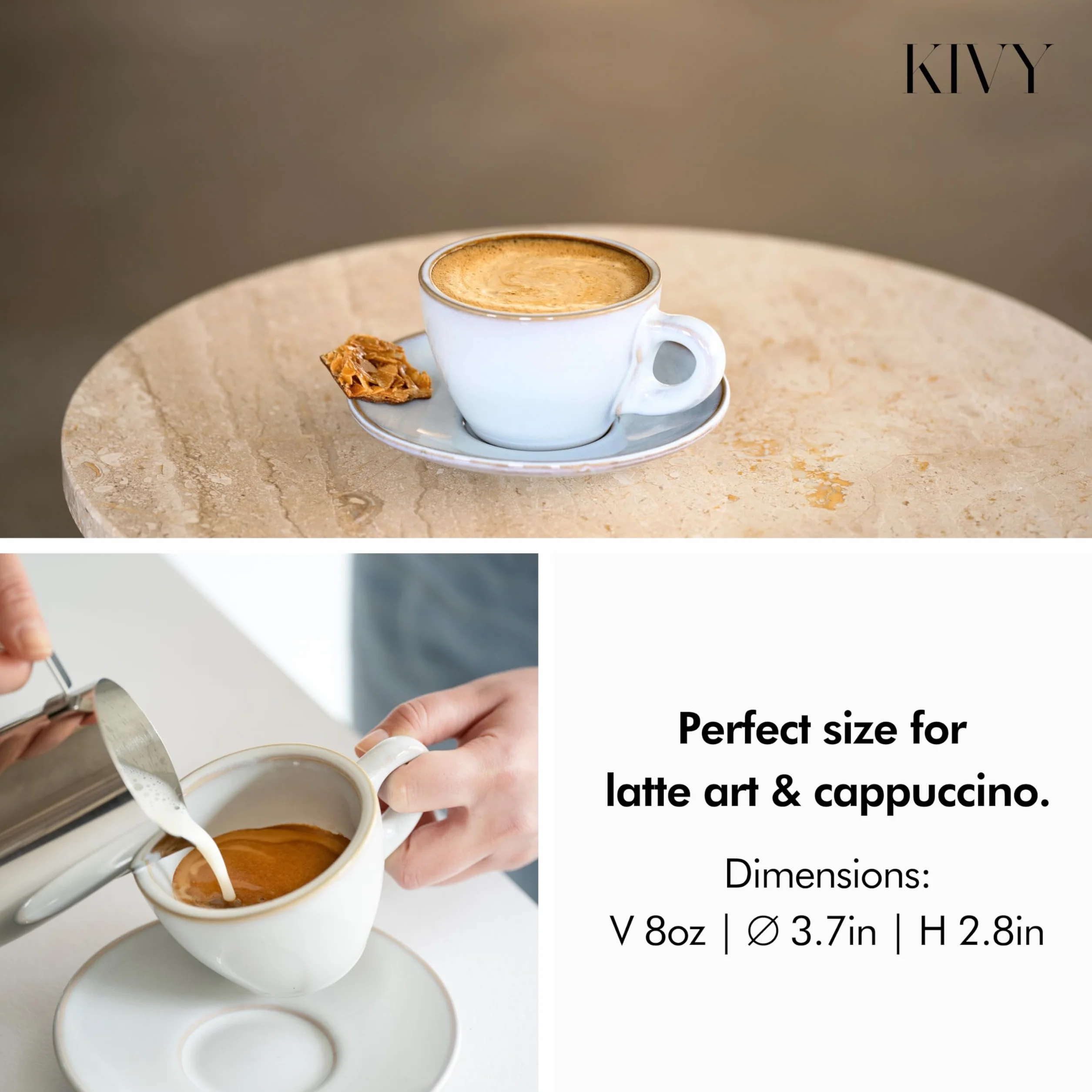KIVY Filiżanki do cappuccino o grubych ściankach [4 x 180 ml] – ręcznie wykonane filiżanki z kamionki – filiżanki do kawy ze spodkami – filiżanki do cappuccino szare niebieskie – duże filiżanki do