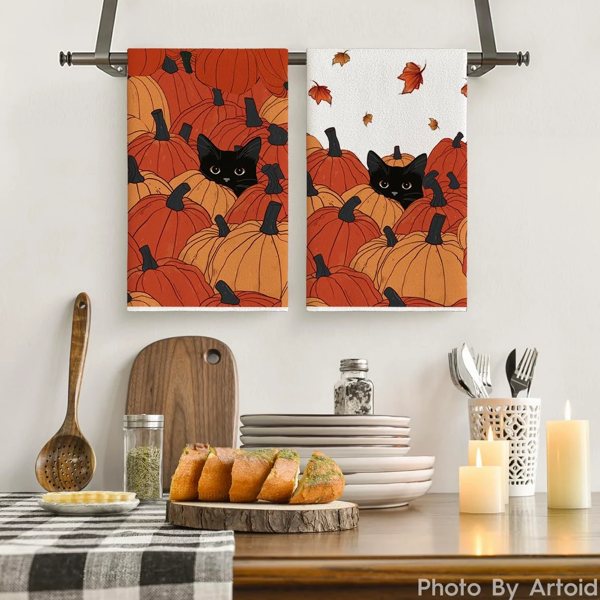 Artoid Mode Czarny kot liście klonu dynie jesień ręczniki kuchenne ścierki do naczyń, 42 x 65 cm sezonowa dekoracja poliester ręczniki zestaw 2 szt
