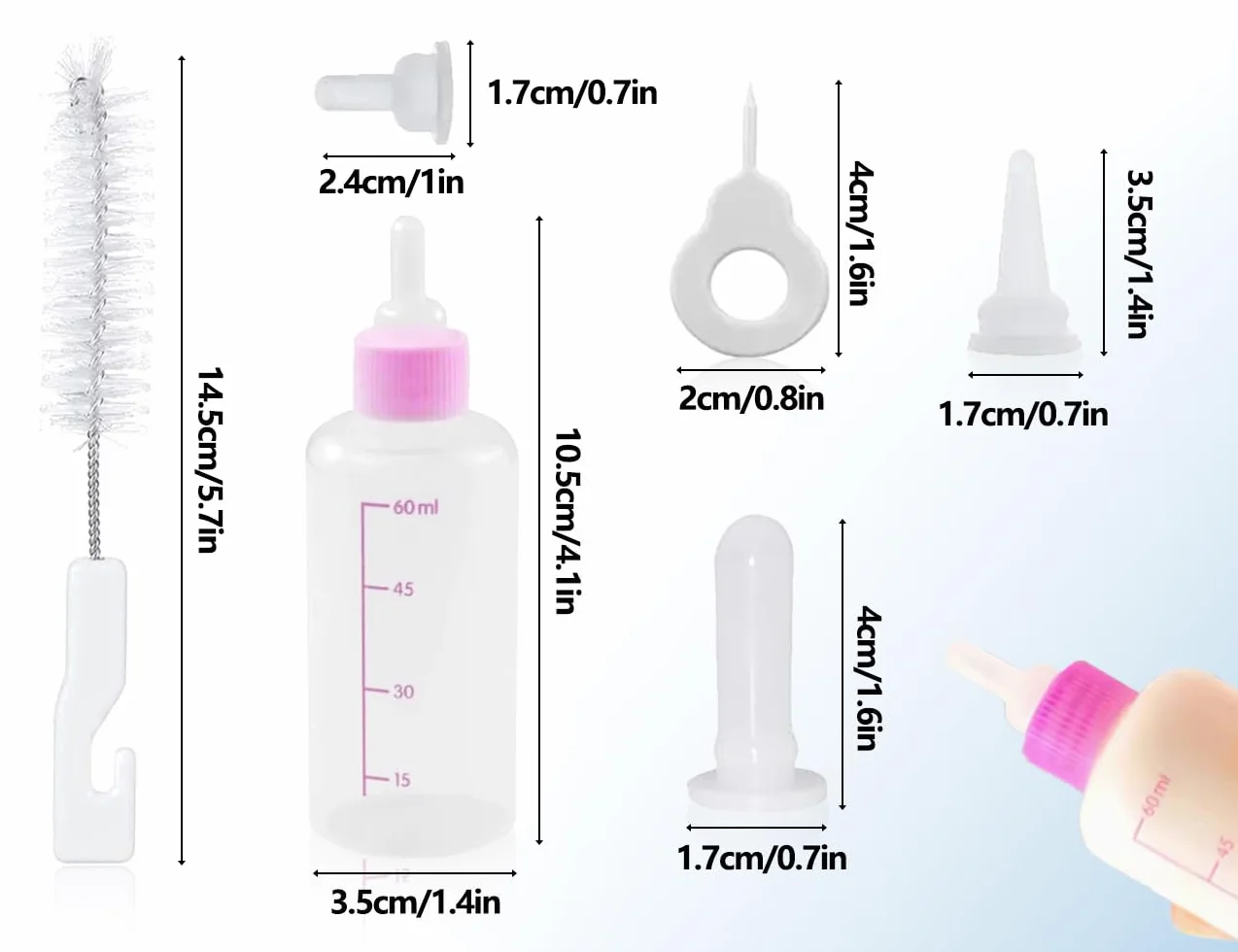 KAPSING Butelka do hodowli domowych 60 ml, dla małych kotów, psów, zestaw dla szczeniaków i kociąt (różowa)