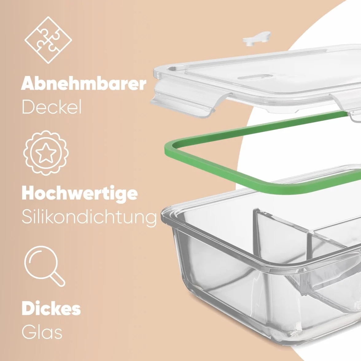 Meal Prep pojemniki szklane z przegródkami, zestaw 3 sztuk, szklane pojemniki z pokrywką, nadają się do zmywarki, kuchenki mikrofalowej i piekarnika, pojemniki na żywność, szklane z