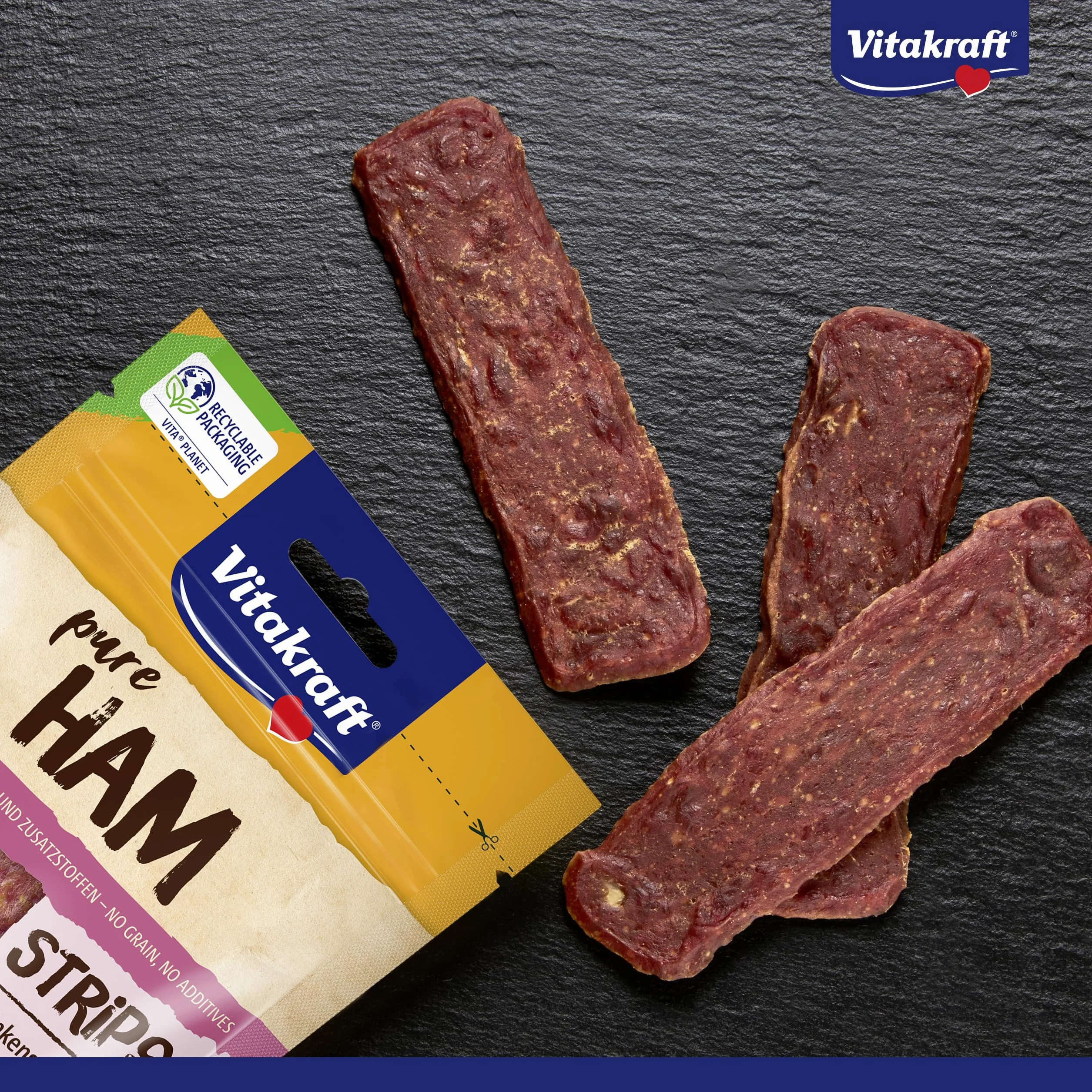 Vitakraft Przekąski mięsne, paski z szynką, smakołyki dla psów, bez zbóż, w zamykanym woreczku, bez dodatku cukru (1 x 80 g)