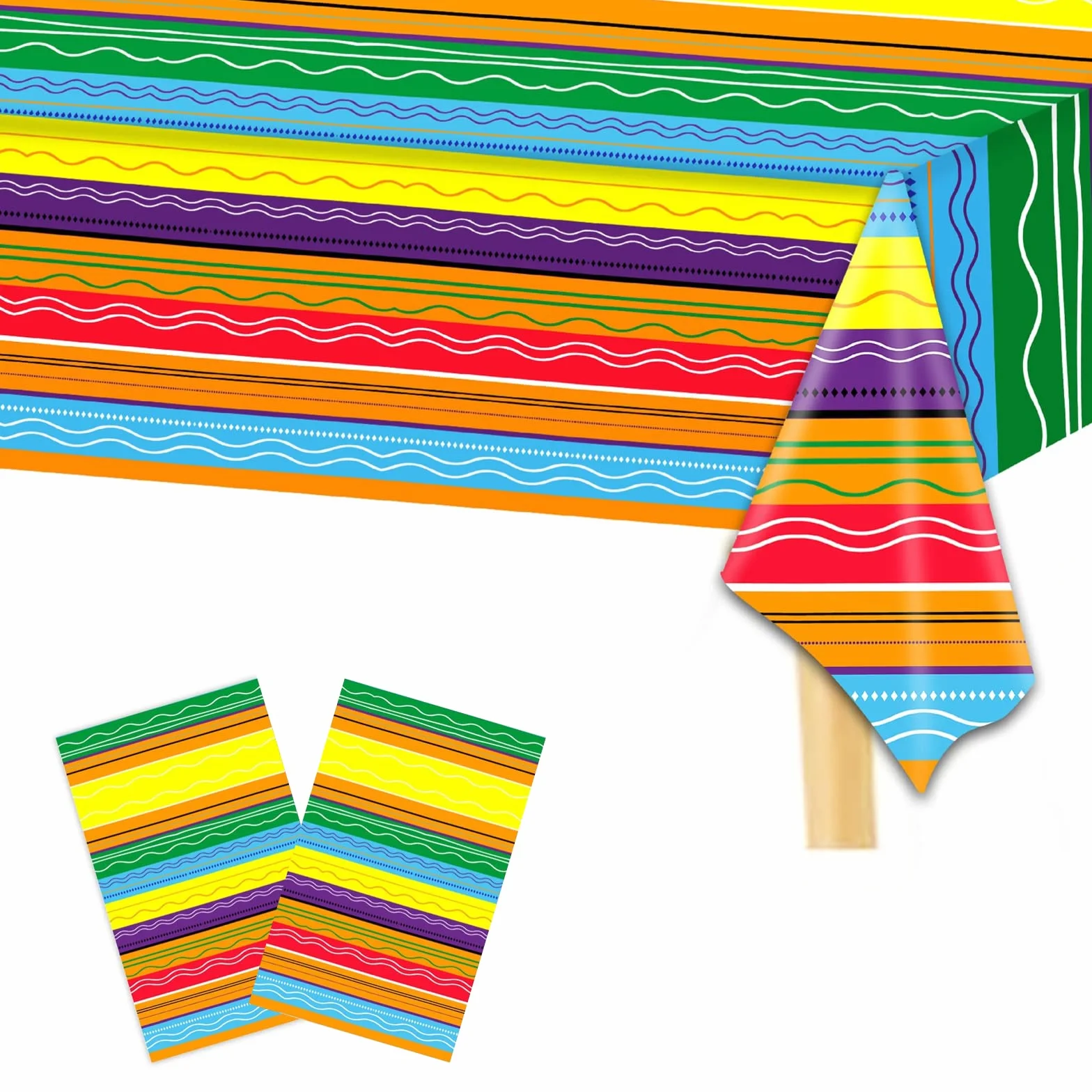2 szt. meksykański obrus serape, 132 x 218 cm, duża meksykańska dekoracja stołu PE pikniki na zewnątrz obrusy do jadalni plastikowe kolorowe paski pokrowiec na stół Fiesta Taco dekoracja na Cinco de