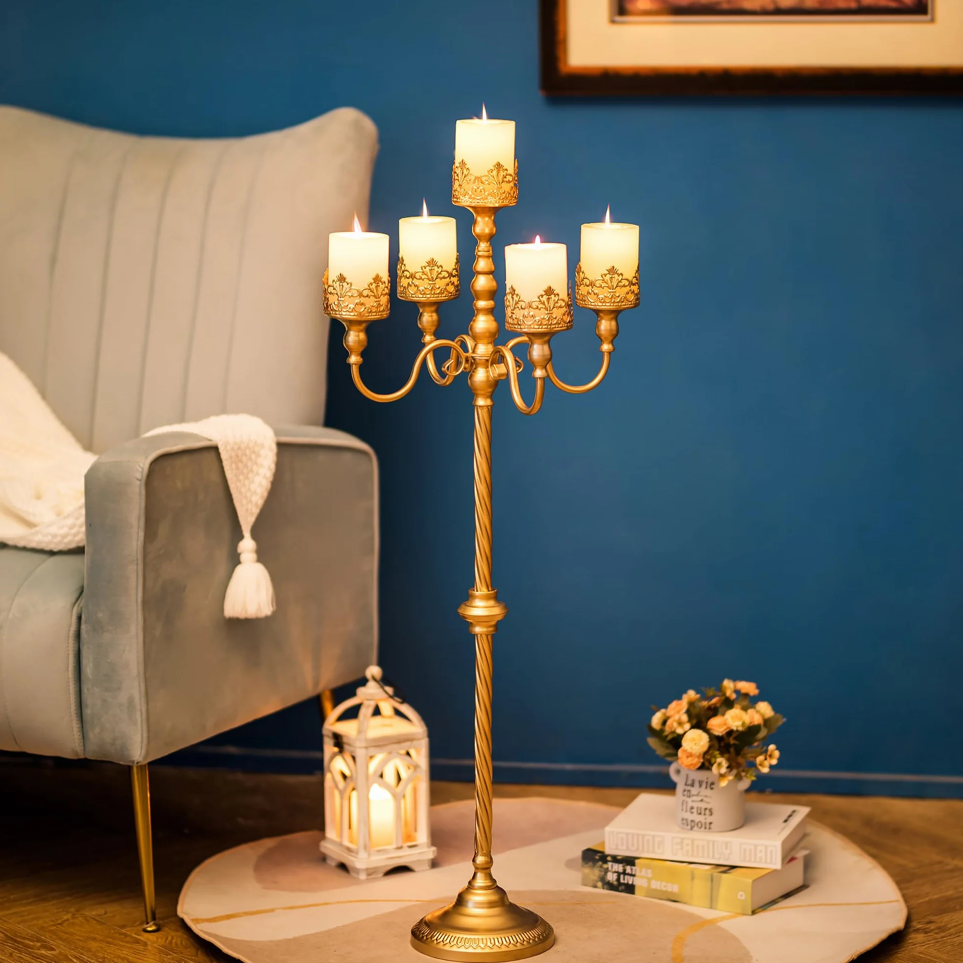 Sziqiqi Candelabra 102 cm 5-ramienny złoty metalowy świecznik do dekoracji ślubnych – stojaki na świece podłogowe na świece filarowe, antyczne elementy centralne, stojak na kwiaty na wydarzenia,