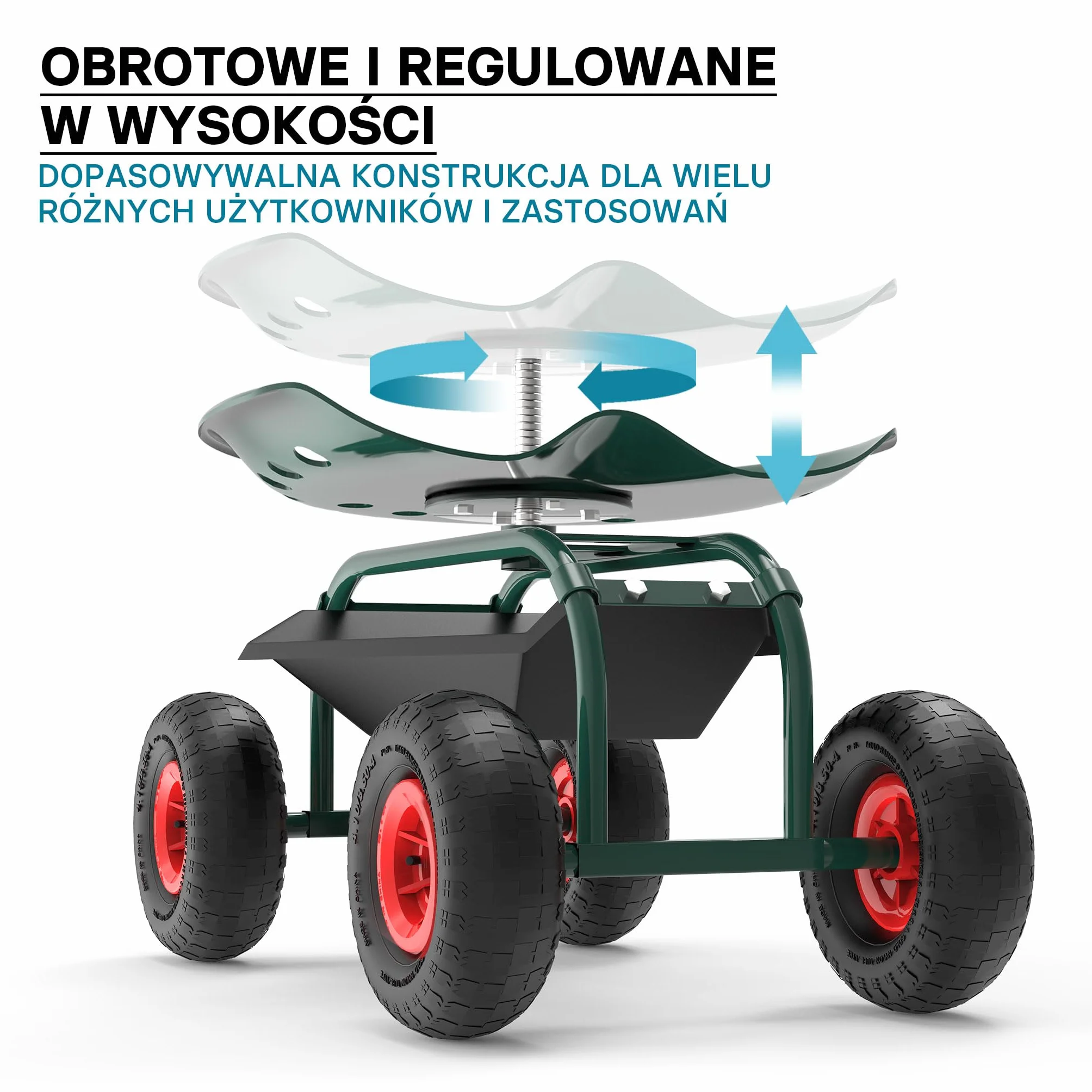 Wiltec Wózek ogrodowy z siedziskiem na kółkach i półką do ogrodu, taboret warsztatowy, mobilne siedzisko robocze ze stalową konstrukcją do 150 kg