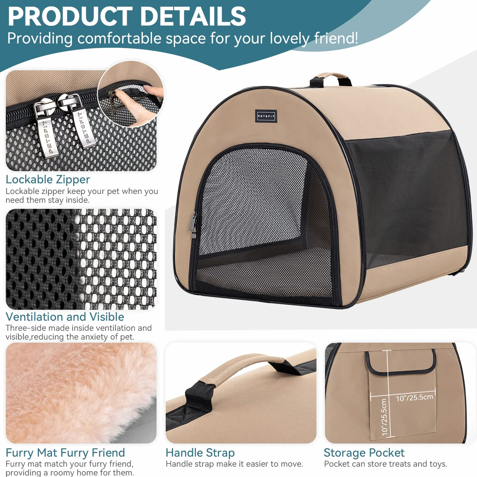 Petsfit Składany Transporter dla Psów do Samochodu 65 x 49 x 50 cm Khaki
