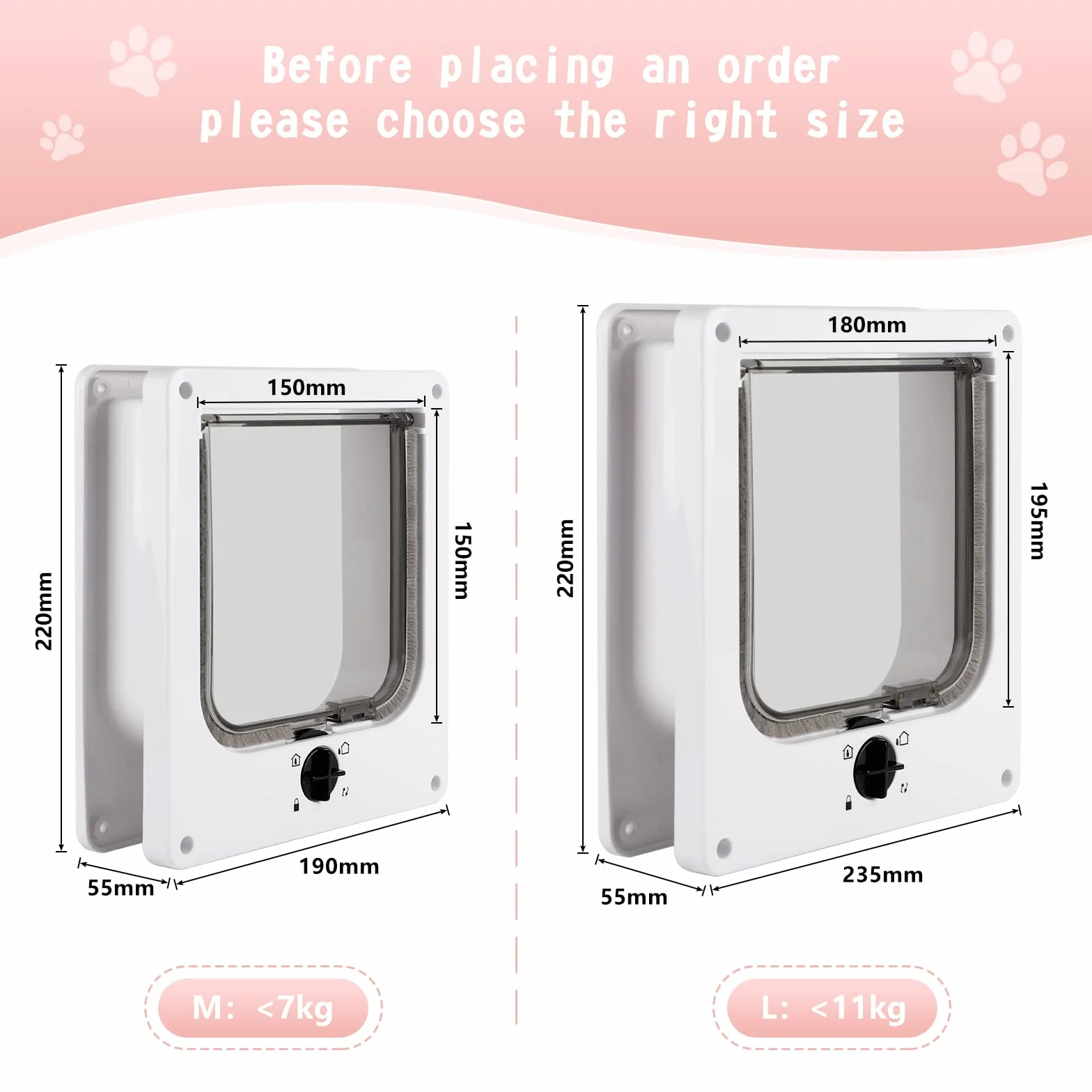 CPROSP Drzwi dla kota białe z 4 ustawieniami blokady, klapa dla kota tunel wewnętrzny 19,5 x 18 cm, rama drzwi Cat Flap Door 27 x 23,5 x 5,5, dla psów/kotów