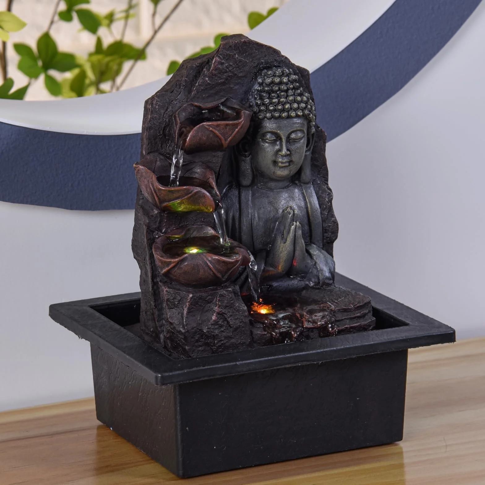 Fontanna wewnętrzna Wodospad Budda Lotos Kolorowe światło LED, dekoracja wnętrz Feng Shui, pomysł na prezent Zen Mind, z dostarczoną cichą pompą, duchowość Zen'Light, 21 x 21 x 26 cm