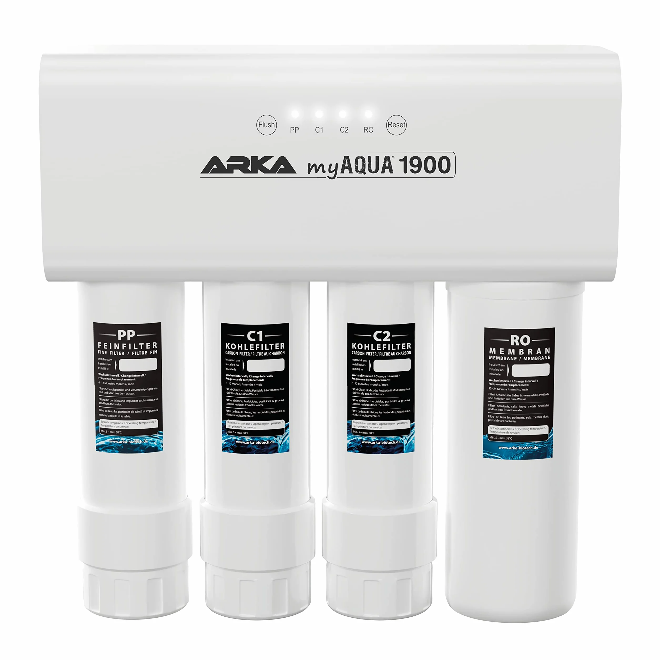 System odwróconej osmozy ARKA myAQUA®1900 o wydajności 1900L/dobę. Filtr i zmiękczacz wody Filtruje do 99% zanieczyszczeń, soli i bakterii z wody. Idealne rozwiązanie dla każdego gospodarstwa domowego