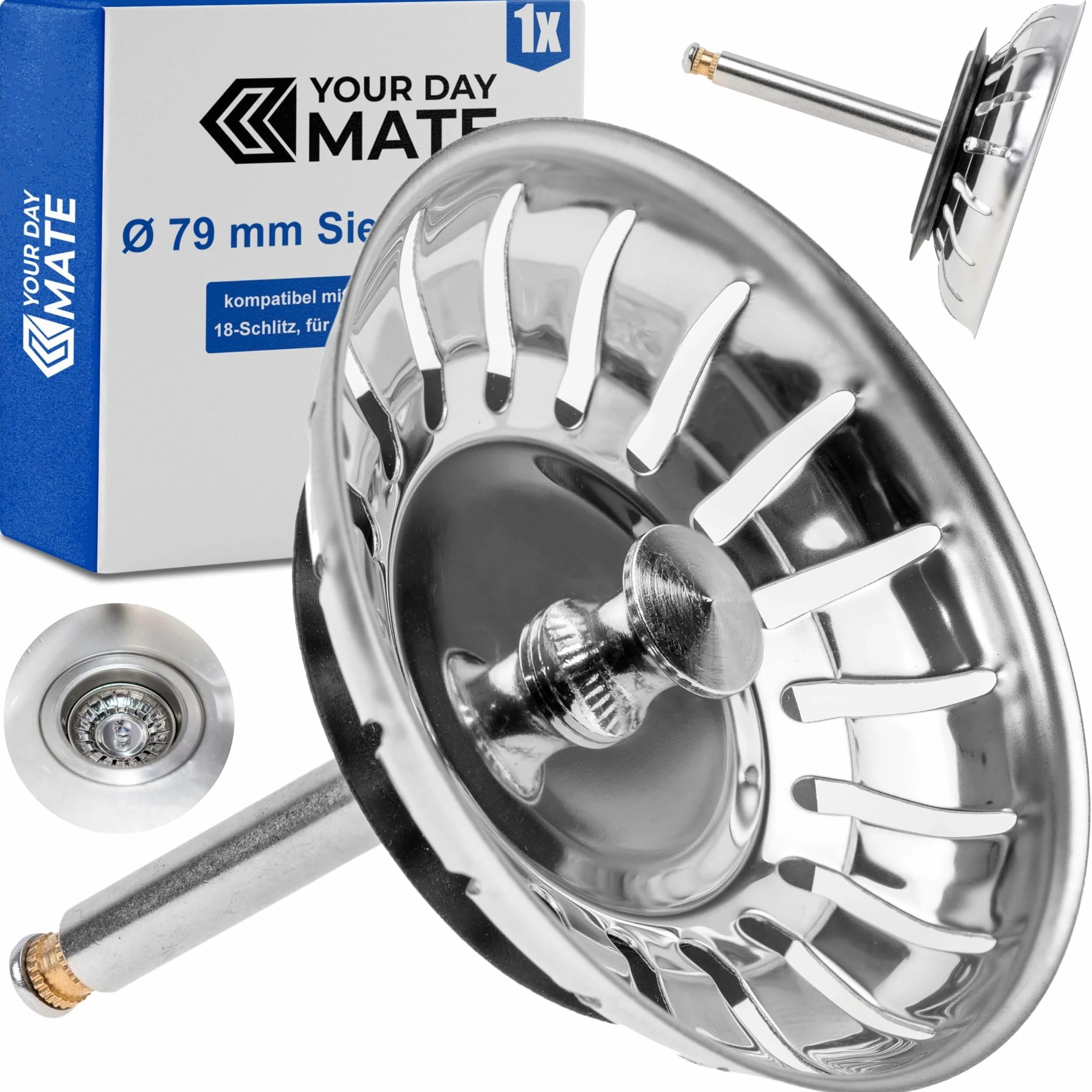 Sitko do zlewu kuchennego, Ø 79 mm, kompatybilny z Blanco 119146, kosz sitkowy 3,5" z 18 rowkami, trzpień mimośrodowy 52-97 mm, trzpień Ø 8 mm, część zamienna do zlewu, wkładka sitko do zlewu, funkcja