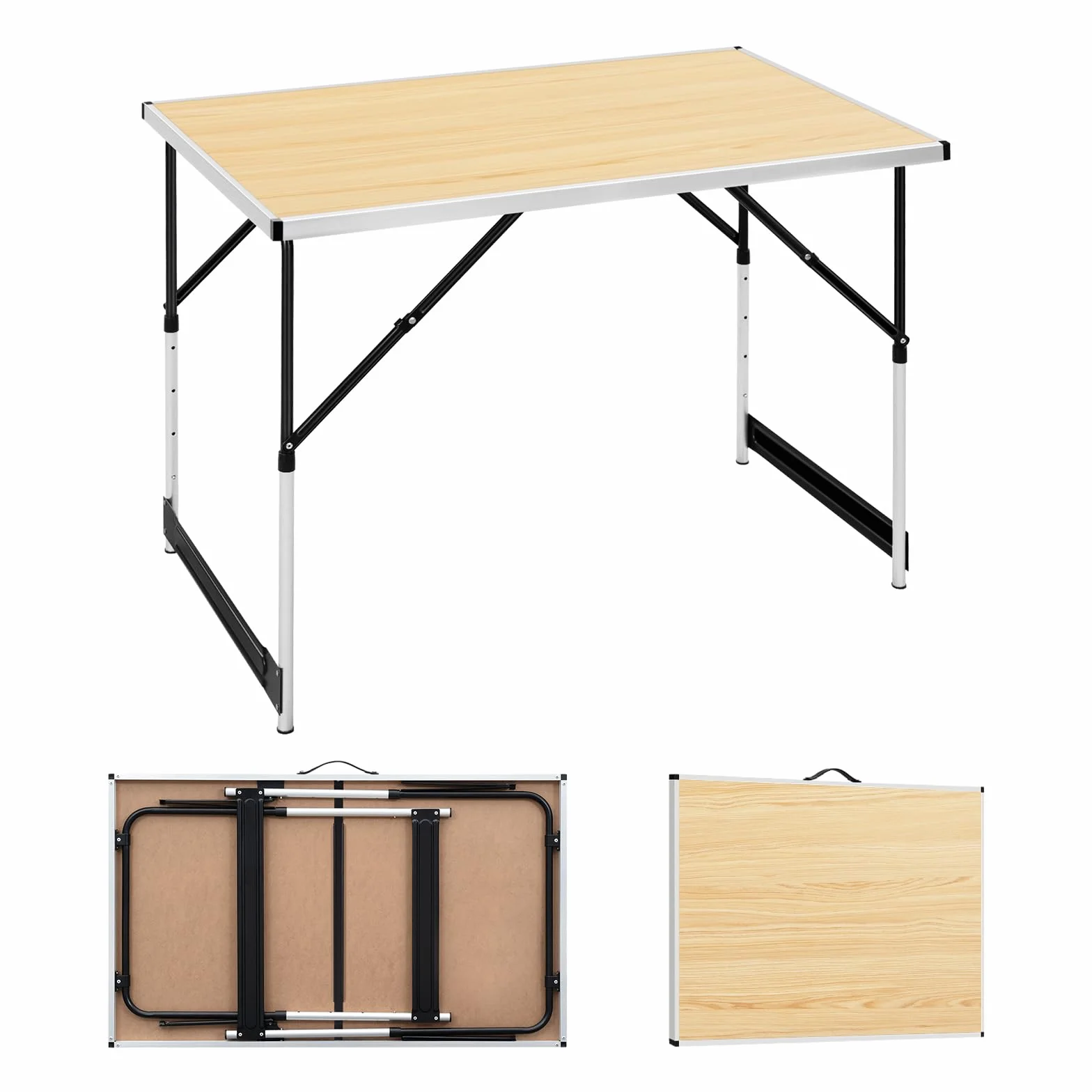 Woltu® CPT8121hei składany stół ogrodowy, nadaje się jako stół roboczy, kempingowy, na balkon, z regulacją wysokości, aluminiowy, płyta MDF, jasny dąb