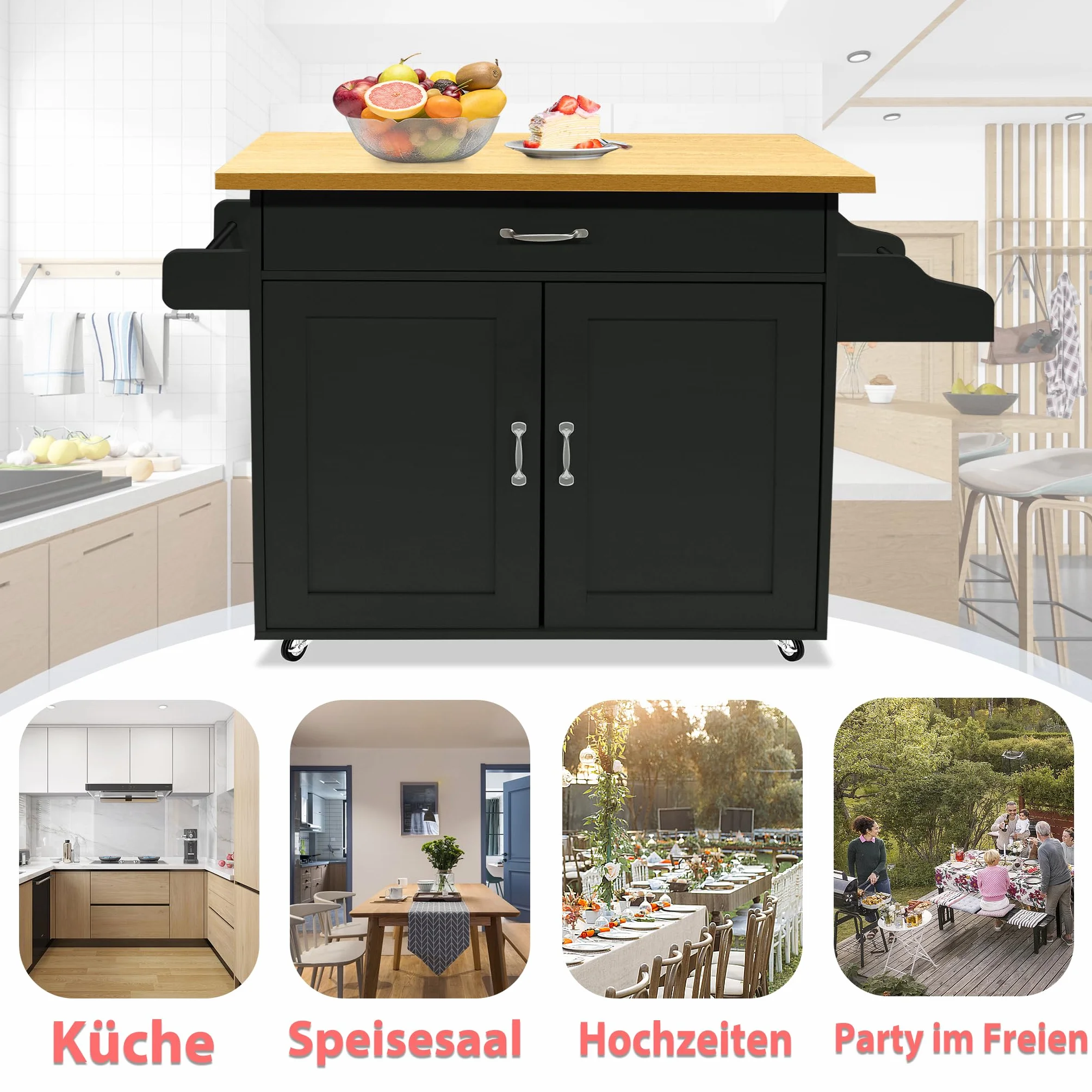 YRHome Ruchome wyspy kuchenne, wózek kuchenny z półką na przyprawy, wieszak na ręczniki i szufladą, wózek kuchenny na kółkach, szafka kuchenna z blatem roboczym, wózek do serwowania, 115 x 36 x 90 cm