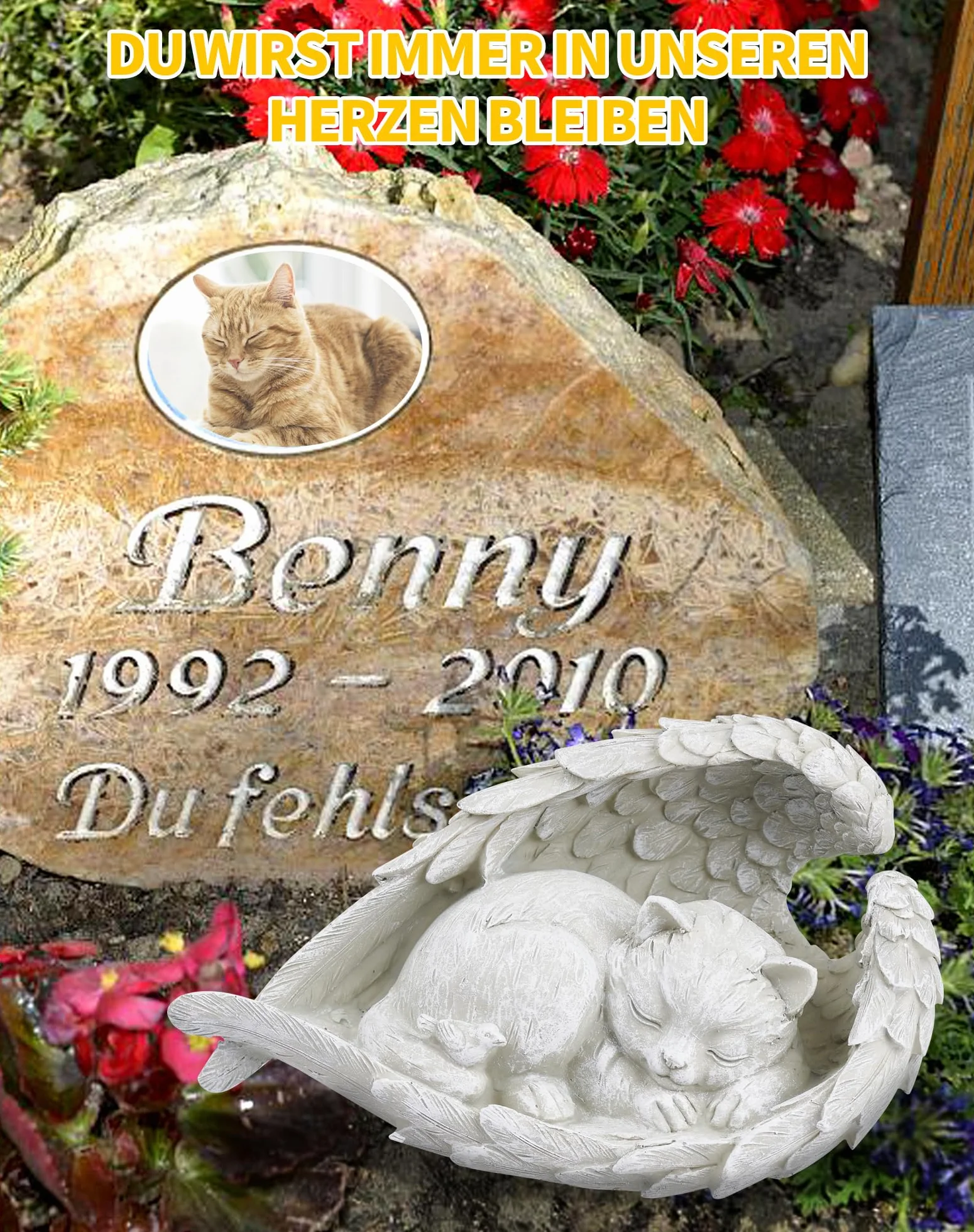 NETONDA Kamień pamiątkowy z motywem kota, anioła, 23,5 x 13,2 cm, pomnik dla zwierząt domowych, znacznik, statuetka hołdu, dekoracja, pamiątka, zwierzę, statuetka ogrodowa, żywica poliestrowa,