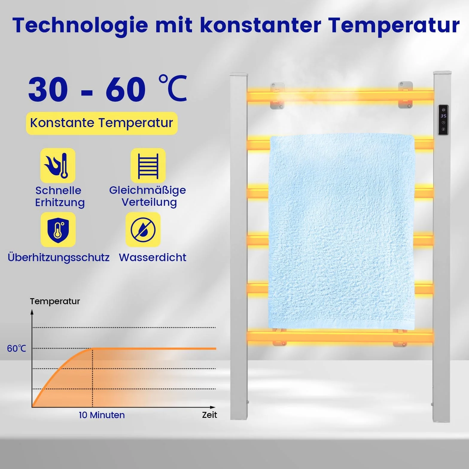 COSTWAY Podgrzewacz na ręczniki 100 W, wieszak na ręczniki, grzejnik aluminiowy, 10 min do 60°C, timer 8 h i ochrona przed przegrzaniem, z wyświetlaczem LED (54 cm x 35 cm x 91 cm)