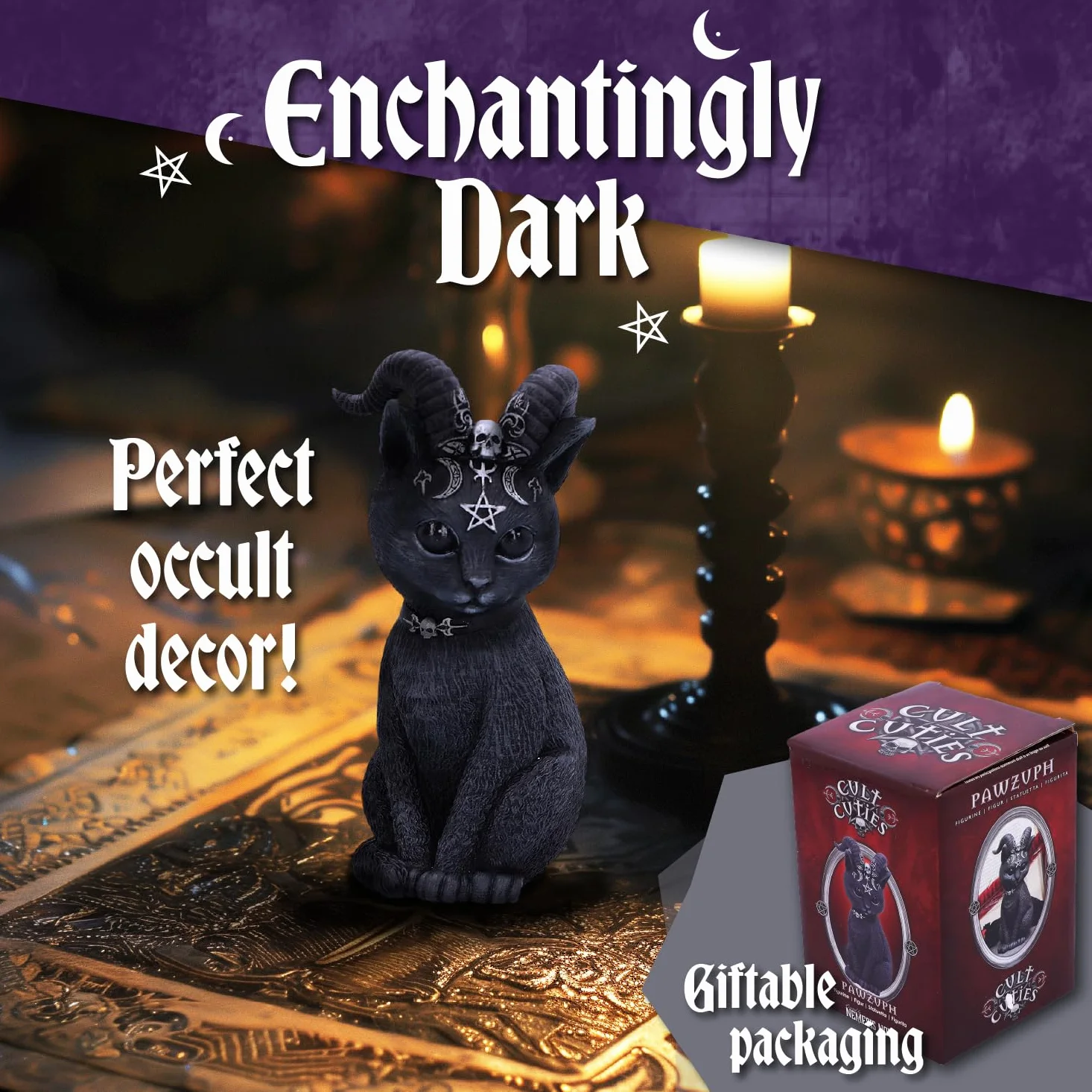 Nemesis Now Pawzuph Horned okkult kot, żywica poliestrowa, czarny i srebrny, 11 cm