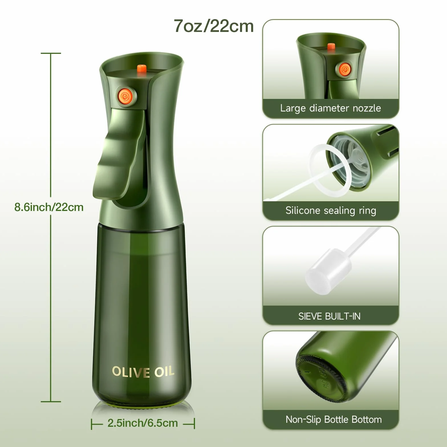 Szklana Butelka z Atomizerem do Oliwy i Oleju – Spray do Gotowania z Kontrolą Porcji, Do Kuchni (Zielony, 200ml)