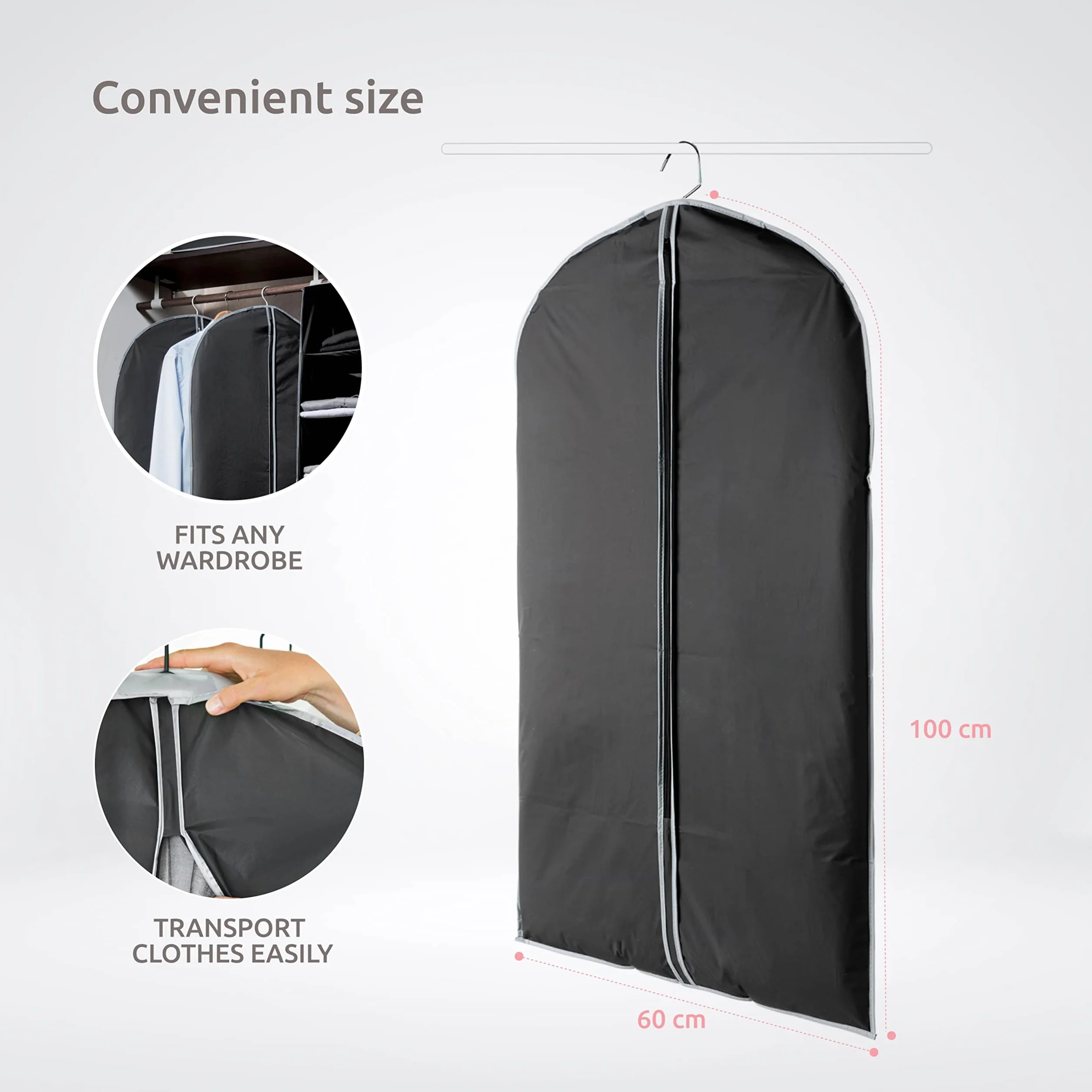 Compactor Torba na garnitur z zamkiem, odstraszająca moli i oddychająca, pokrowiec na garnitur o wymiarach 60 x 100 cm, odporna na kurz i wodę, seria Urban, kolor czarny