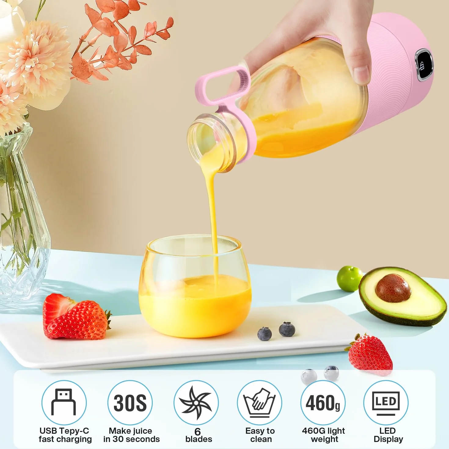 DoubleCare Przenośny blender, 6-ostrzowy elektryczny sokowirówka USB z wyświetlaczem LED, 350 ml mini blender do koktajli i smoothie, akumulator 3000 mAh, do rodzinnych sportów na świeżym powietrzu