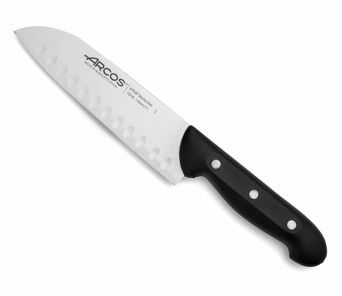 ARCOS Noże Santoku i Nitrum ze stali. Japoński nóż kuchenny do ryb, mięsa i warzyw. Ergonomiczna rękojeść z POM i ostrze o długości 170 mm. Wielofunkcyjny. Seria Maitre. Kolor czarny.