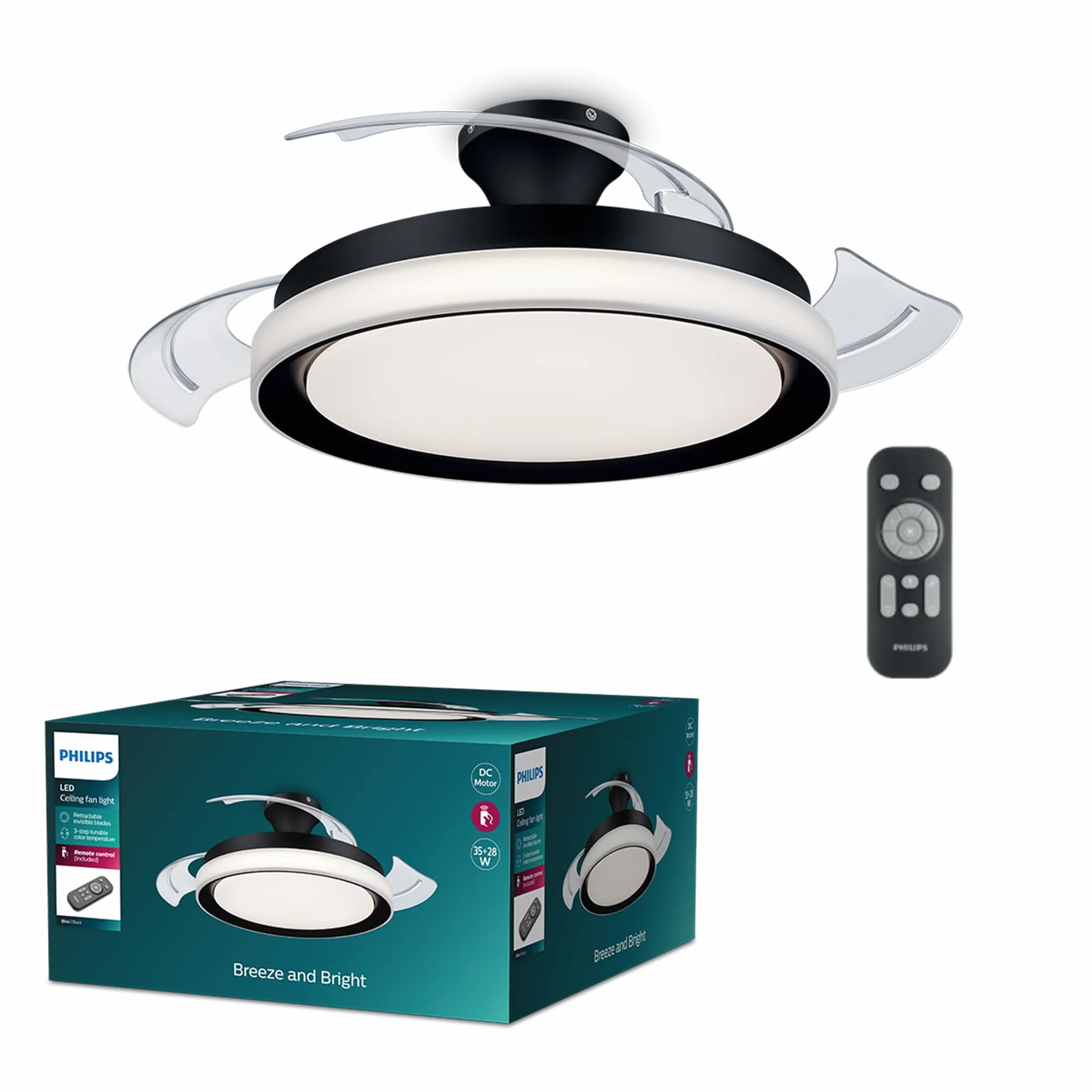 PHILIPS LED Bliss 28W Wentylator Sufitowy 35W, 2700K-4000K-5500K, w Zestawie z Pilotem, Czarny