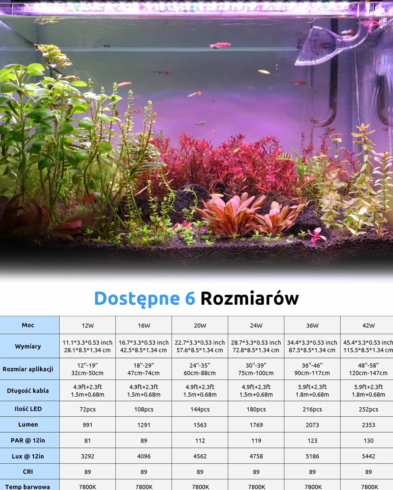 SEAOURA Oświetlenie LED do akwarium 30-45cm pełne spektrum timer WRB 3 kanały 10 jasności 11 kolorów