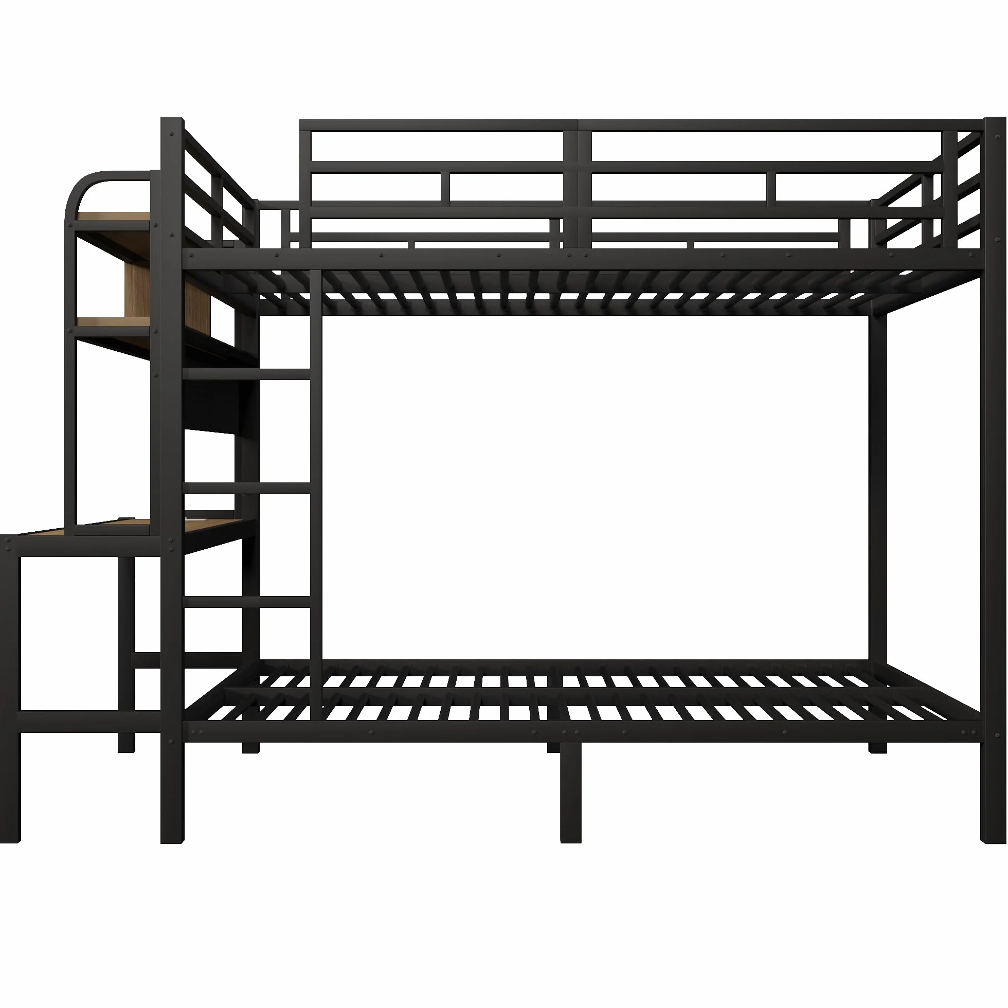 Łóżko piętrowe 140 x 200 cm, z biurkiem i regałem, łóżko piętrowe dla 2 dzieci, łóżko dziecięce, metalowa rama z żelazną ramą, balustrada bezpieczeństwa i drabina, dla dzieci i młodzieży (czarne, 140