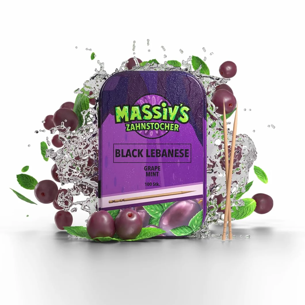 Massiv’s Toothpicks – Smakowe wykałaczki – BLACK LEBANESE Grape Mint – 100 smakowych wykałaczek – Świeży oddech – Stylowa metalowa puszka – Wegańskie, bez cukru, bez kalorii