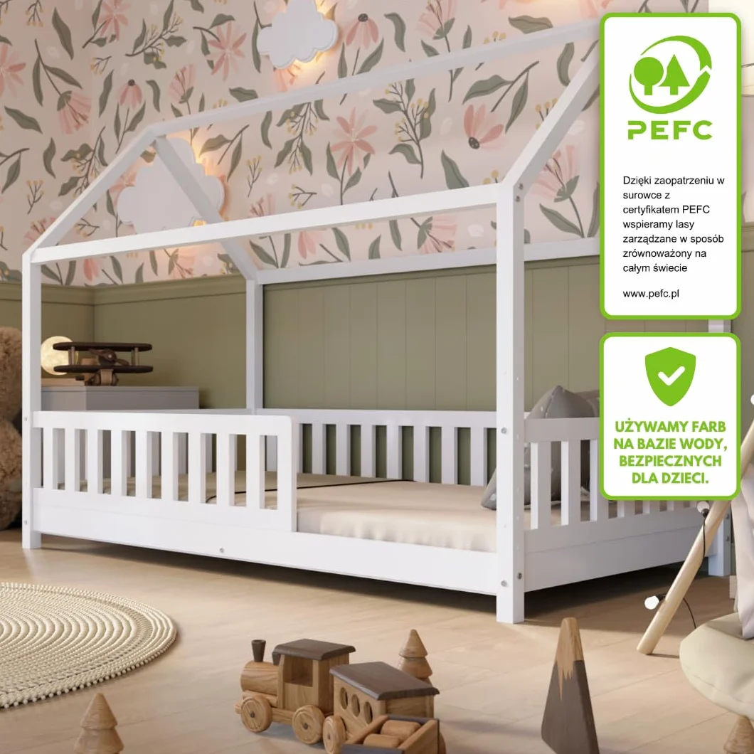 Łóżko domek Crazy Blanco 160 x 80 cm – Białe łóżko dziecięce z naturalnego drewna z odkręcaną barierką – Łóżko Montessori