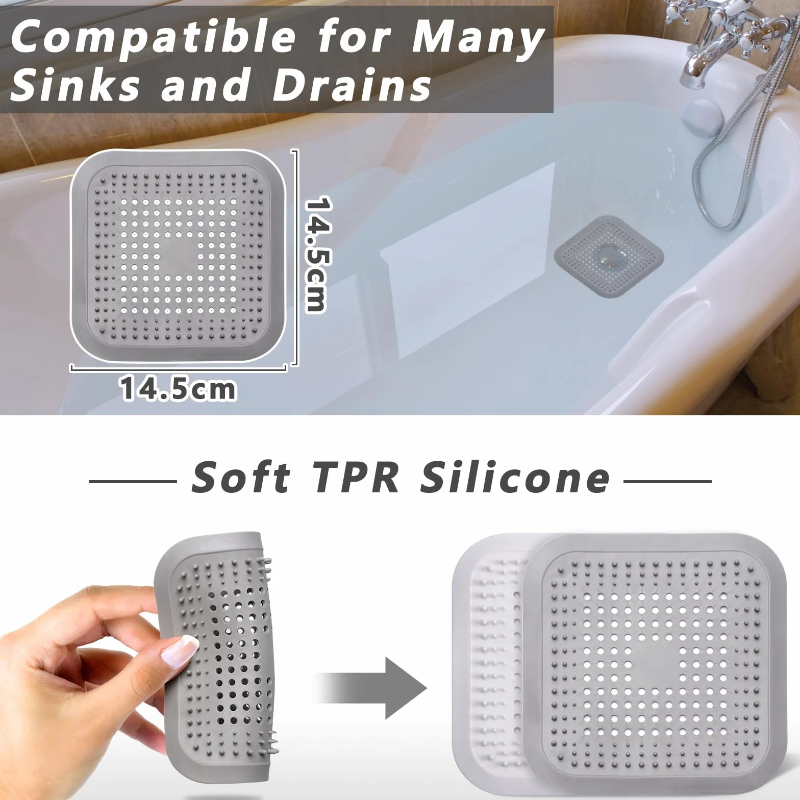 Alyvisun 2Pcs Silikon Łapacz Włosów Odpływu Prysznicowego z Przyssawką, Filtr do Włosów Ochraniacz Odpływowy, Sitko Odpływowe Uniwersalny do Łazienki, Wanny, Kuchni (Biały + Szary)