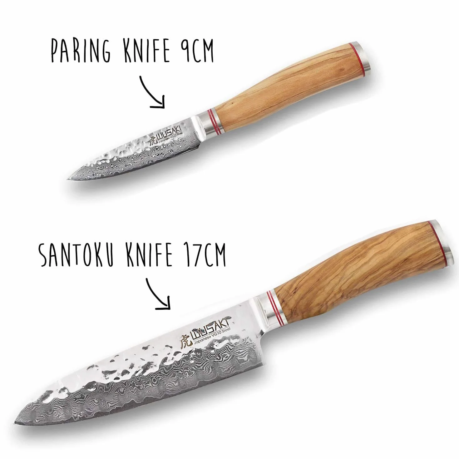 Wusaki Damasceński VG10 Zestaw 2 noży kuchennych: santoku + nóż biurowy - Ostrza adamaszku i rękawy z drewna oliwkowego
