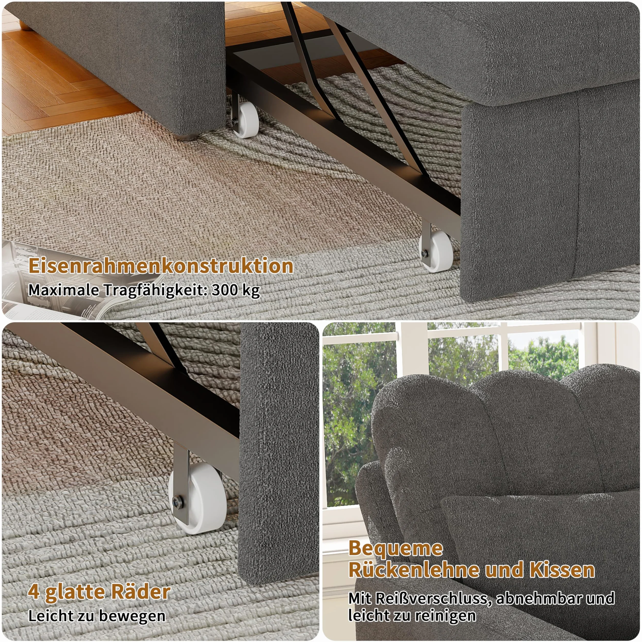 Mała sofa z funkcją spania 3 w 1, rozkładane łóżko 190 cm z kieszenią boczną, fotel do spania, fotel relaksacyjny, rozkładana sofa, taboret do spania z funkcją łóżka do 200 kg, szary materiał