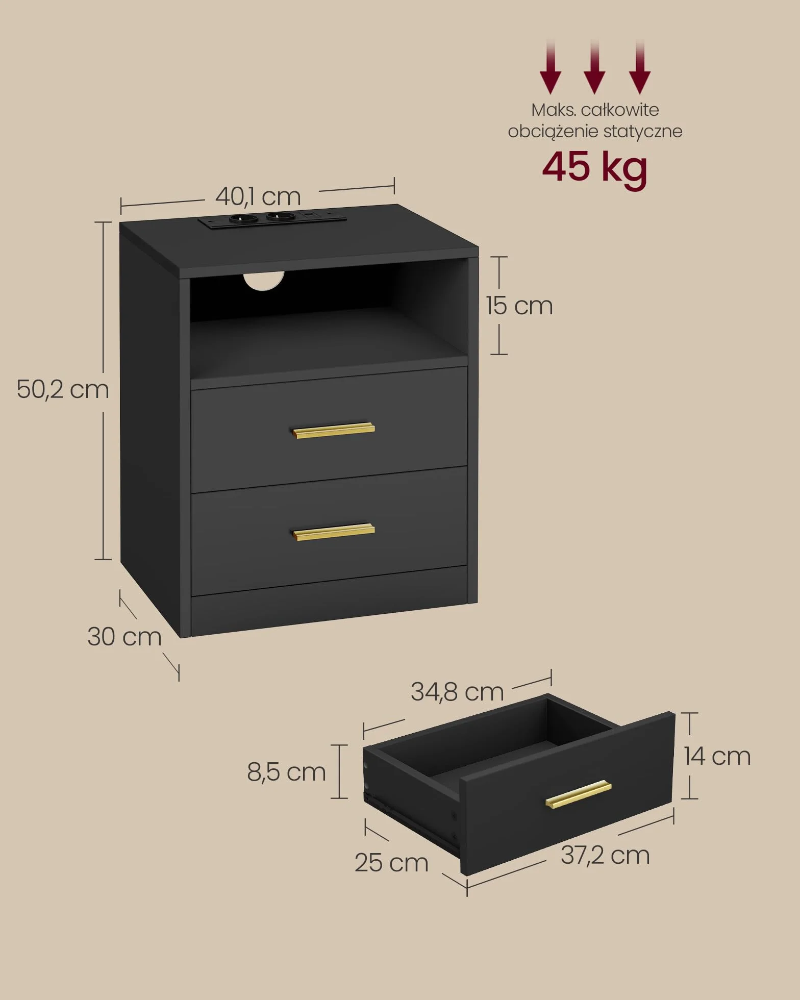 VASAGLE Kolekcja CUSTOS – stolik nocny ze stacją ładującą, zestaw 2 szt., oświetlenie LED, stolik boczny, z szufladami, 2 gniazdkami sieciowymi i portami USB, czarny atramentowy LET829BC01