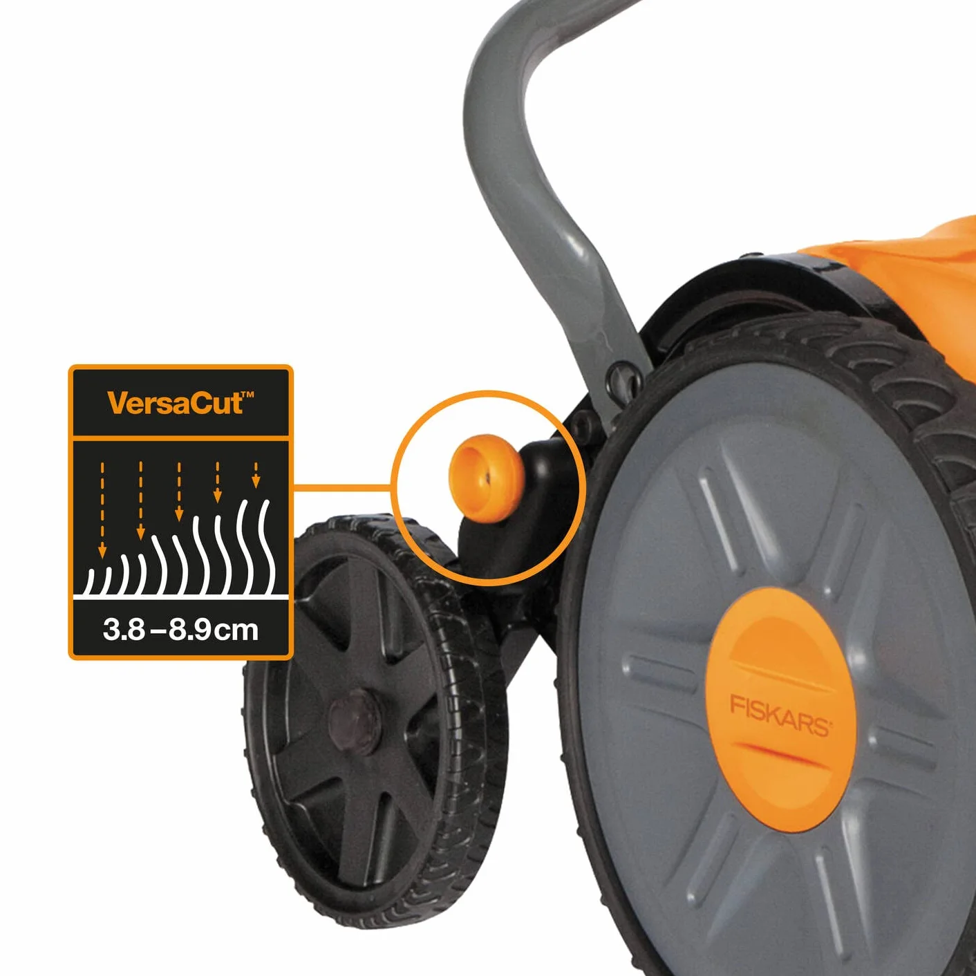Fiskars Kosiarka bębnowa, Do trawy z bezkontaktowym systemem tnącym, Szerokość koszenia: 43 cm, StaySharp Plus, Czarna/ pomarańczowa/ srebrna, 1015649