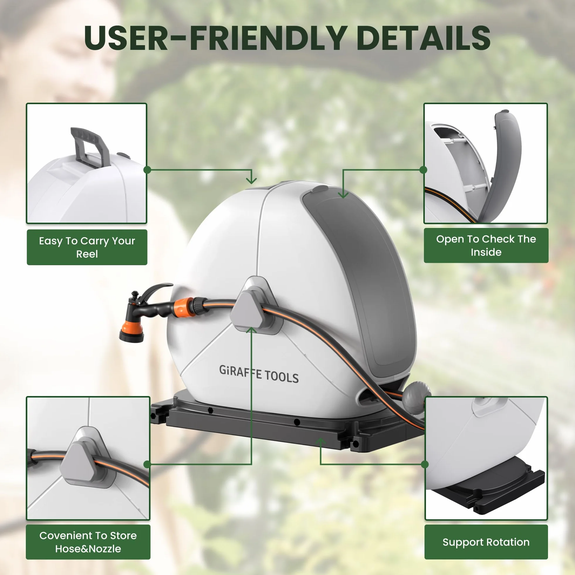 Giraffe Tools Zwijany bęben na wąż z 25 m, wytrzymały zwijacz węża ogrodowego do montażu na ziemi, z 9-funkcyjną dyszą natryskową i elastyczną obrotową podstawą