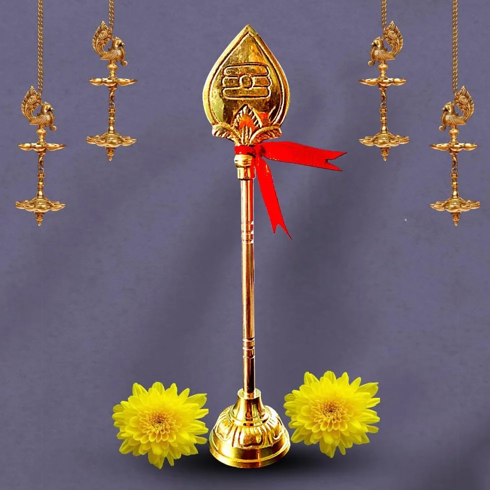 Mosiężny Murugan Vel, tradycyjny stojak lorda Murugana Vel na Pooja i wystrój domu, hinduski bóg Vel Idol, złoty mosiężny posąg Vel (20 cm), prezenty i duchowa dekoracja